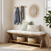 Solid Wood Upholstered Shoe Bench, Entryway Bench with Padded Seat and Storage Shelf 3