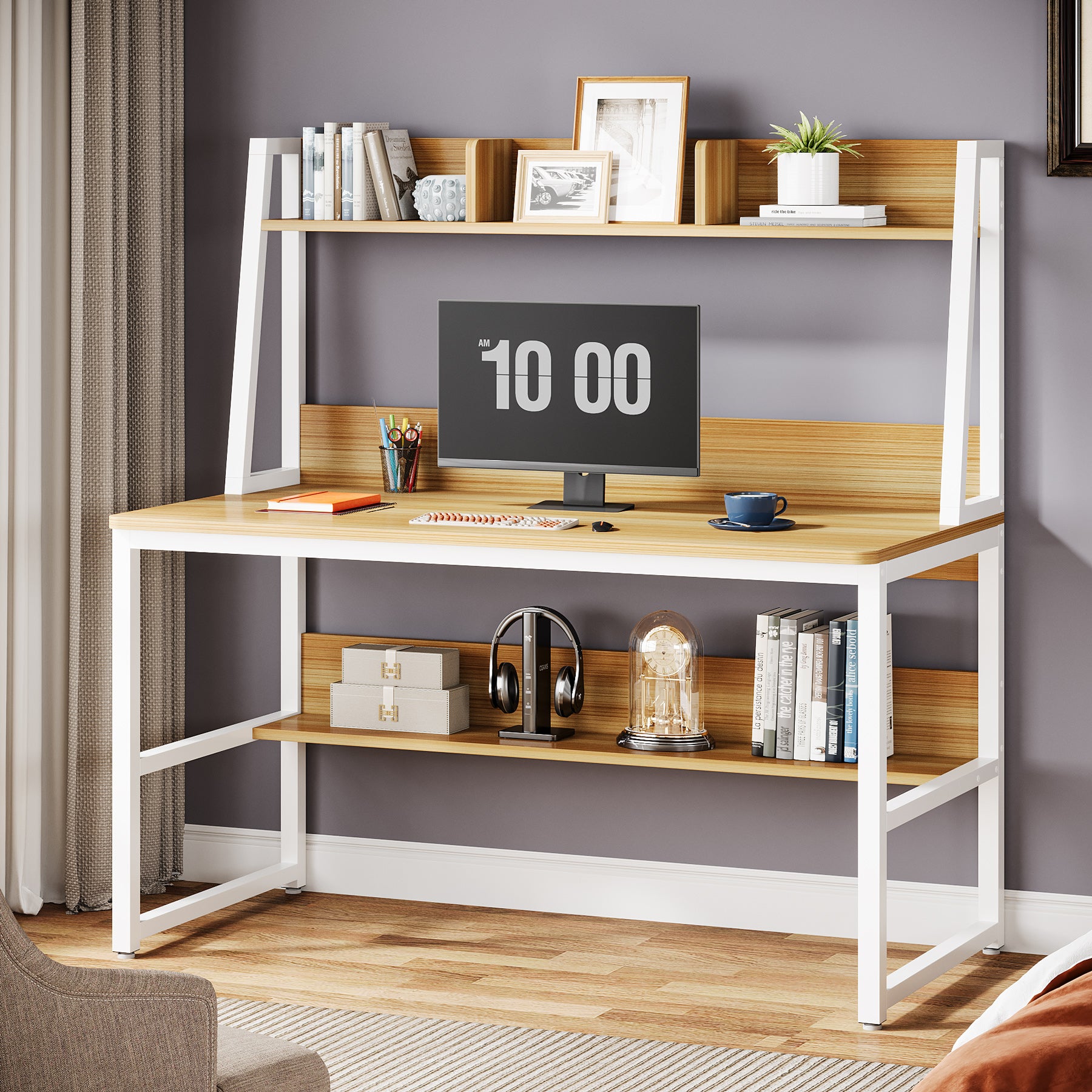 47" Computer Desk, Heavy Duty Writing Desk with Hutch & Bookshelf