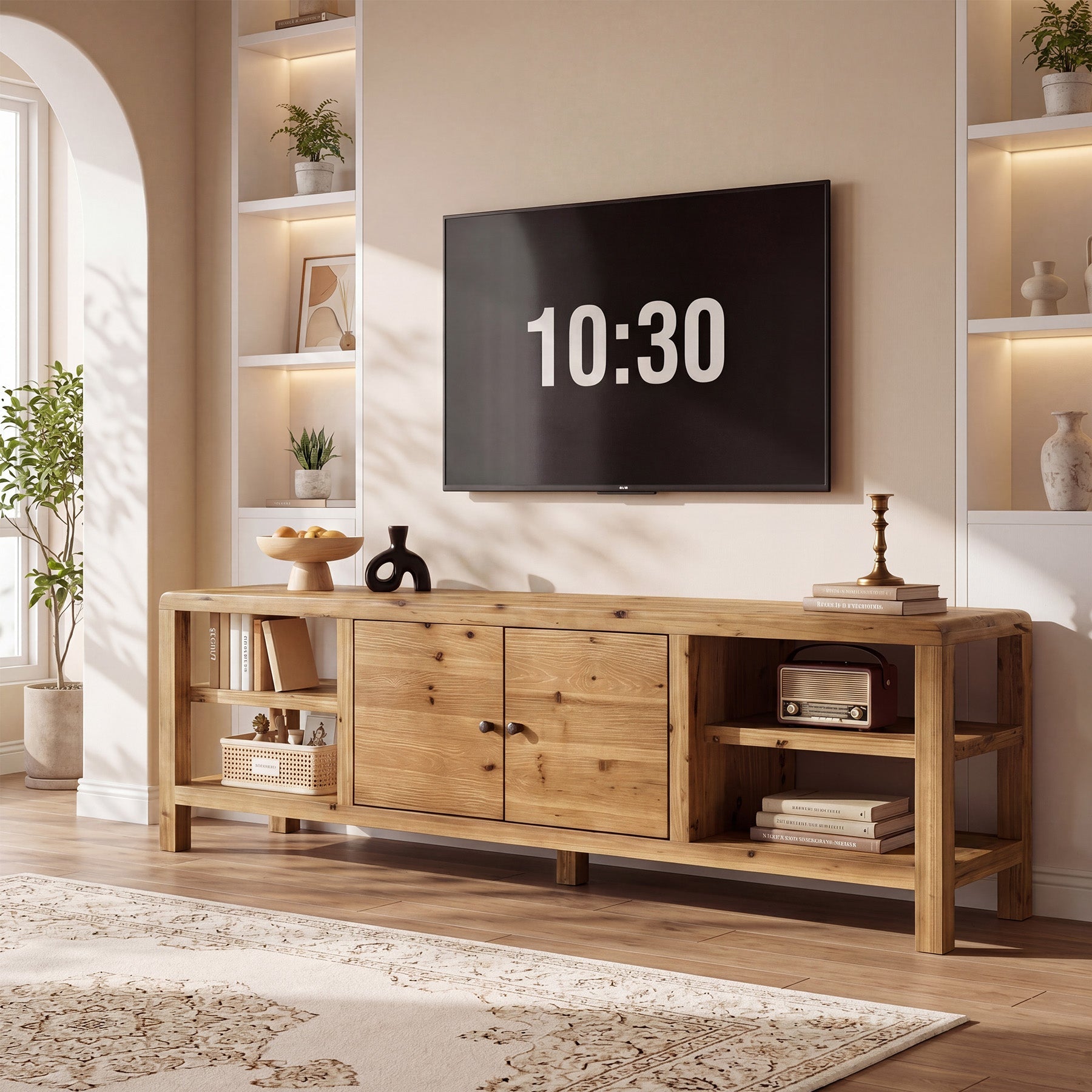 70.9" Solid Wood TV Stand with Door and Storage Shelves for TVs up to 80"