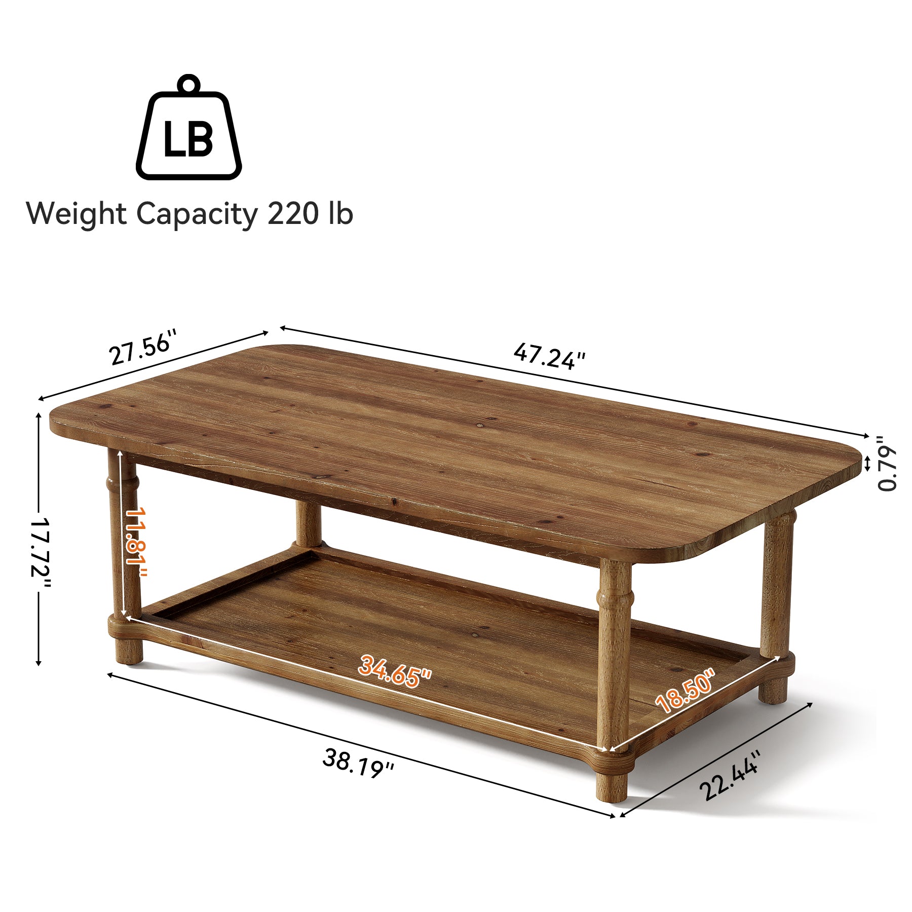47" Solid Wood Coffee Table, Rectangle Center Table with 2-Tier Storage