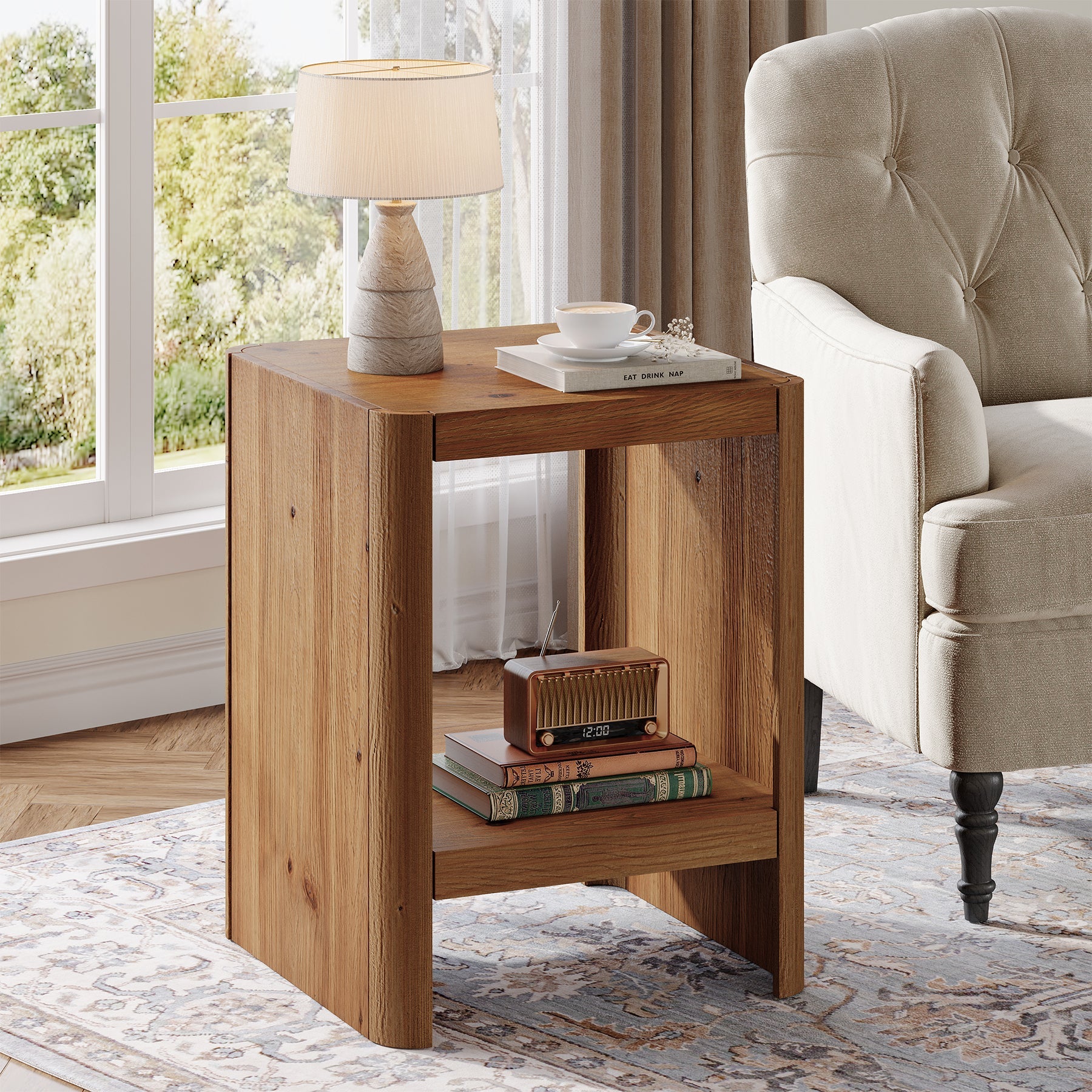 Solid Wood End Table, 2-Tier Side Table with Rounded Edges for Living Room