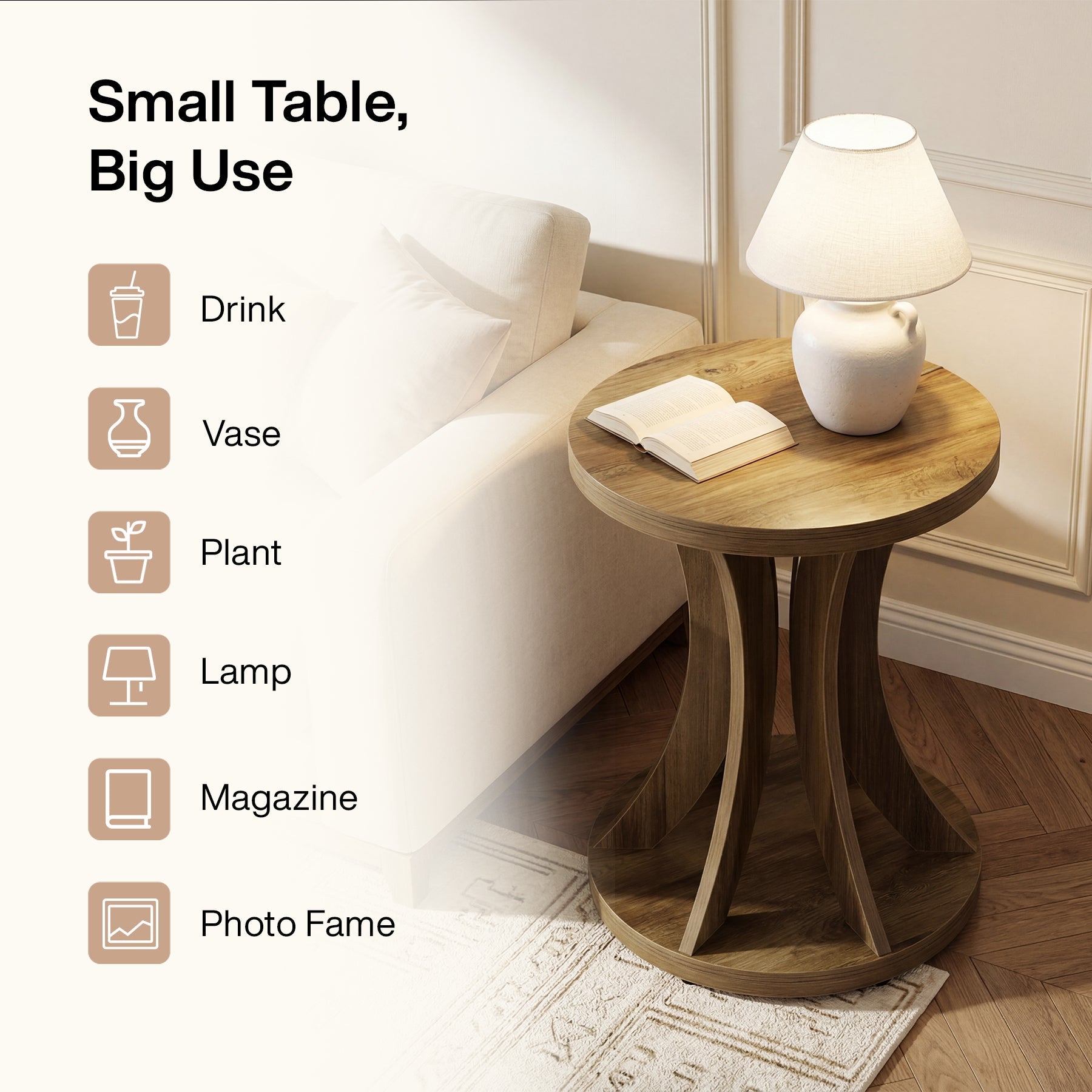 17.71" Round Side Table, Farmhouse Curved End Table for Small Spaces