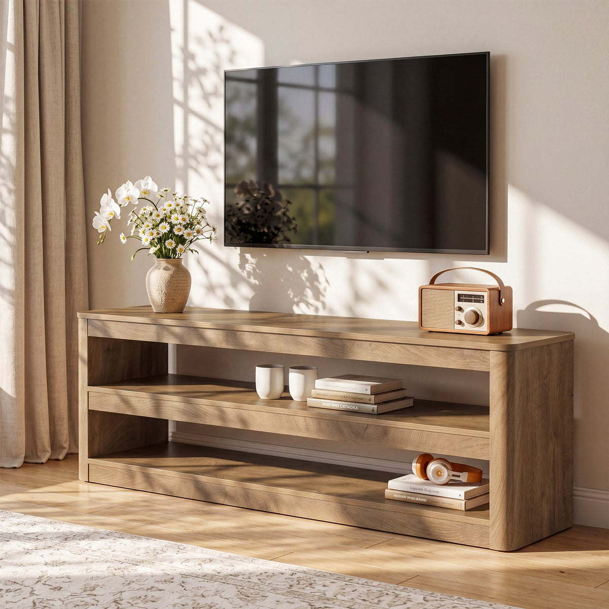 55" TV Stand for TVs up to 70", Farmhouse Entertainment Center with 3 Shelves