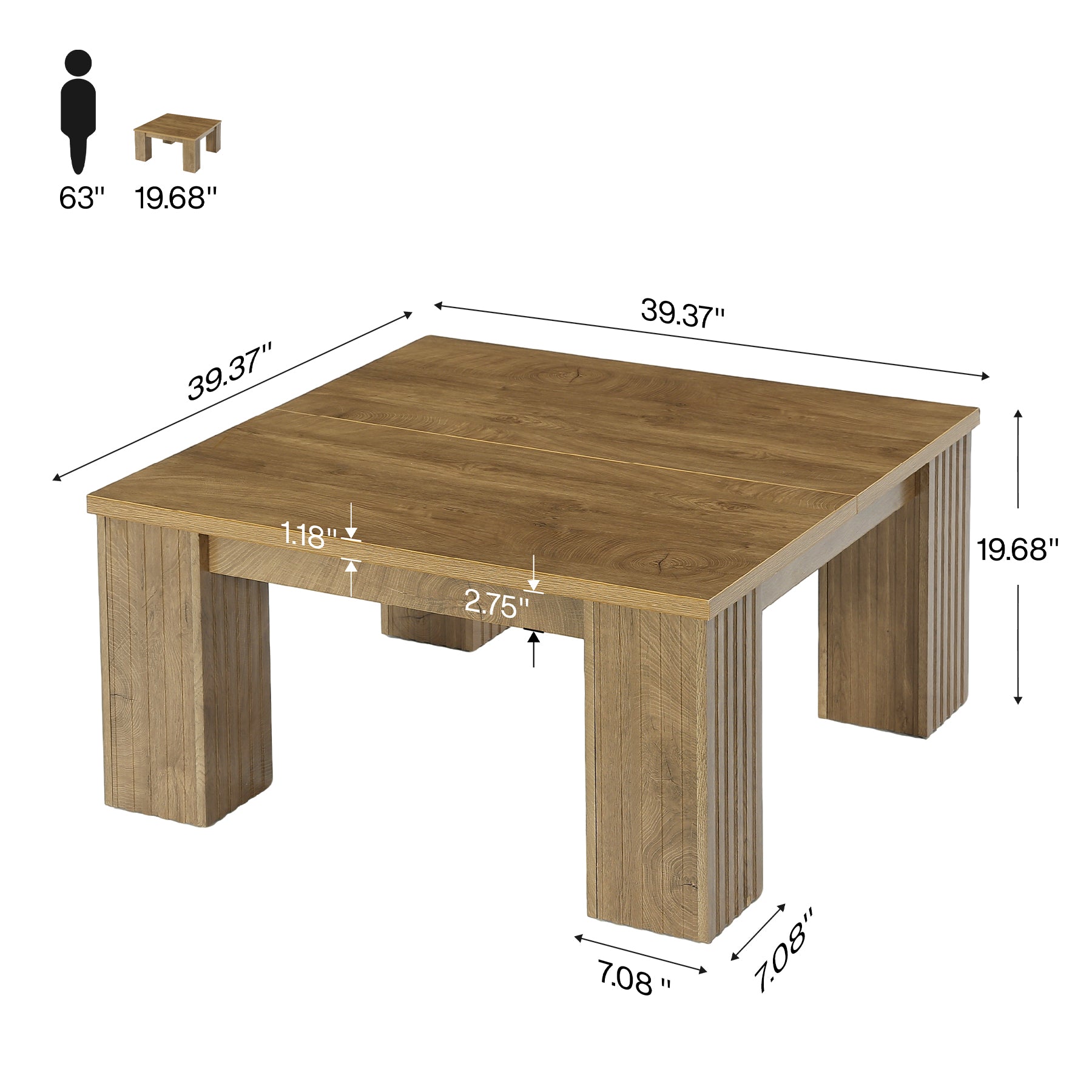 39.4" Square Coffee Table, Farmhouse Center Table with Fluted Legs for Living Room