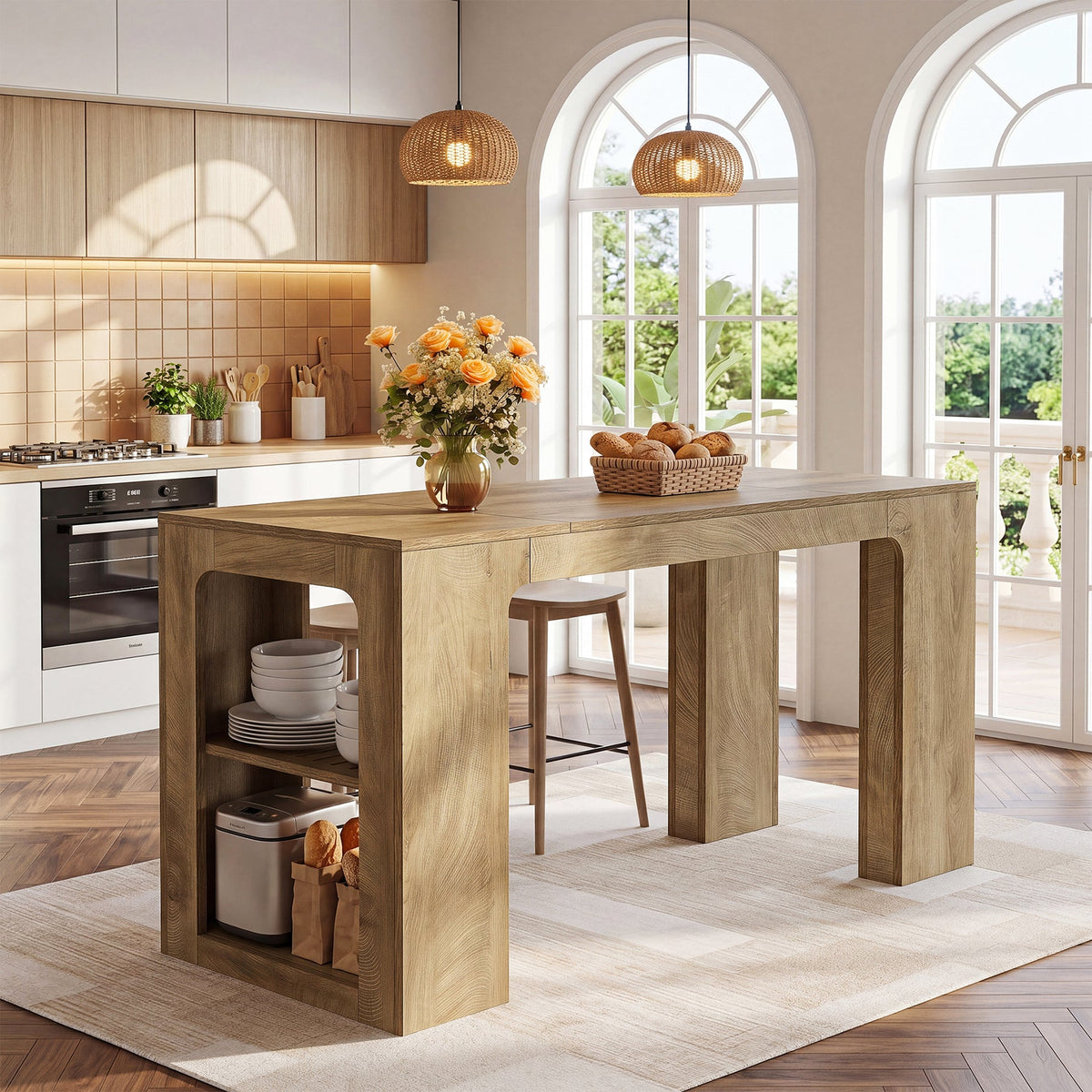 63" Long Kitchen Island, Counter Height Stationary Island Stand with Spacious Legroom