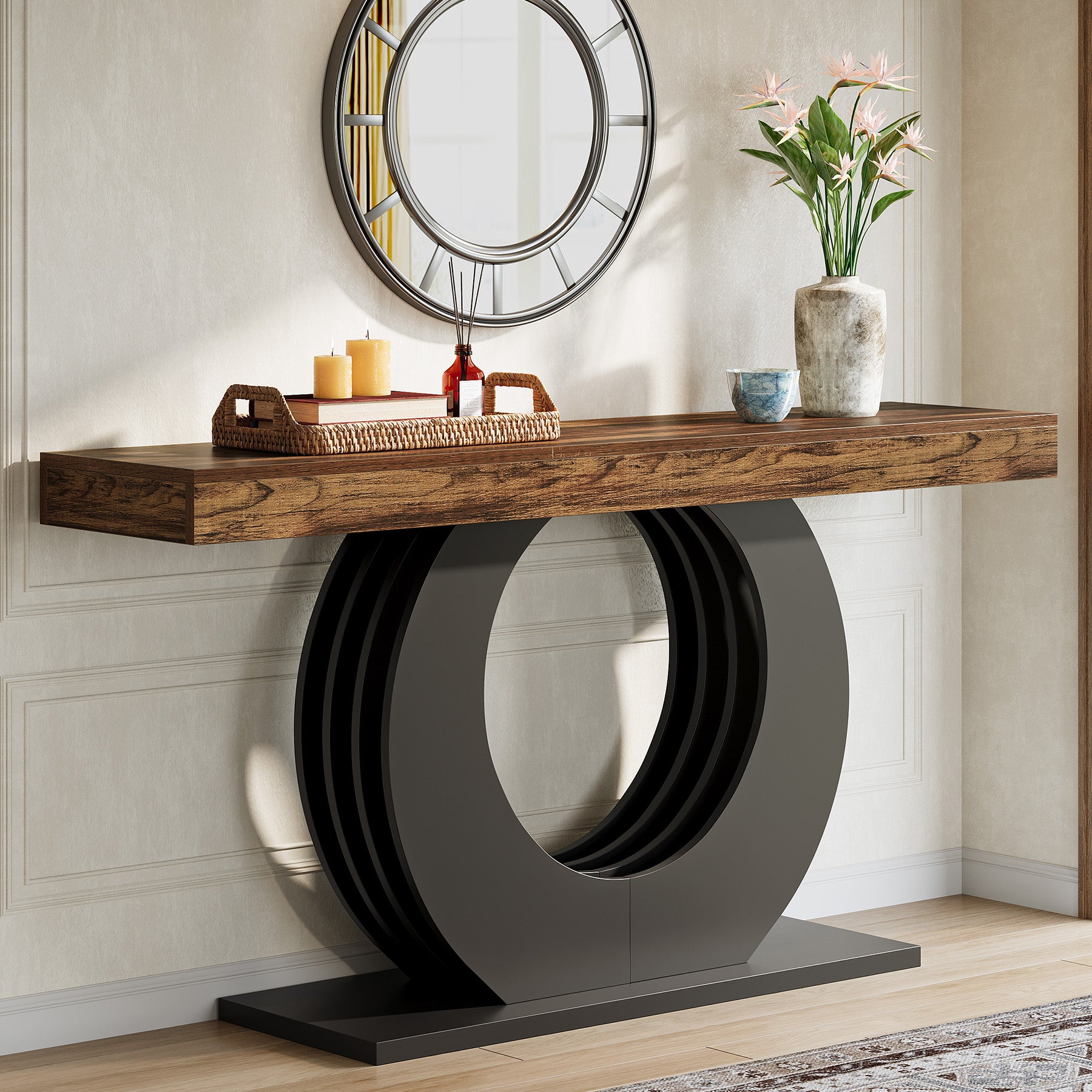 63" Console Table, Narrow Sofa Table with Circle Metal Base