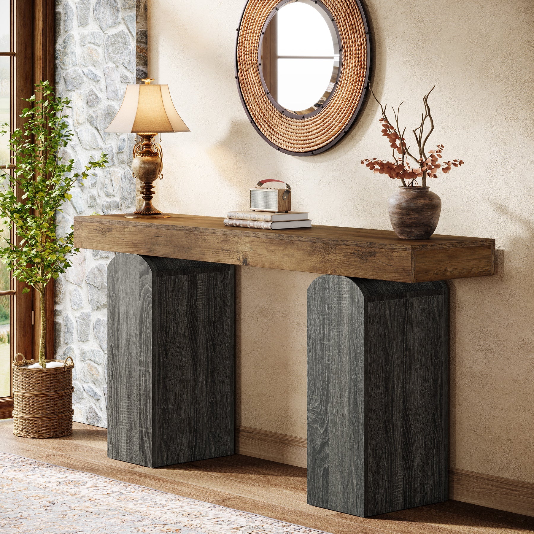 63" Console Table, Farmhouse Entryway Table with 2 Arched Pedestal Legs