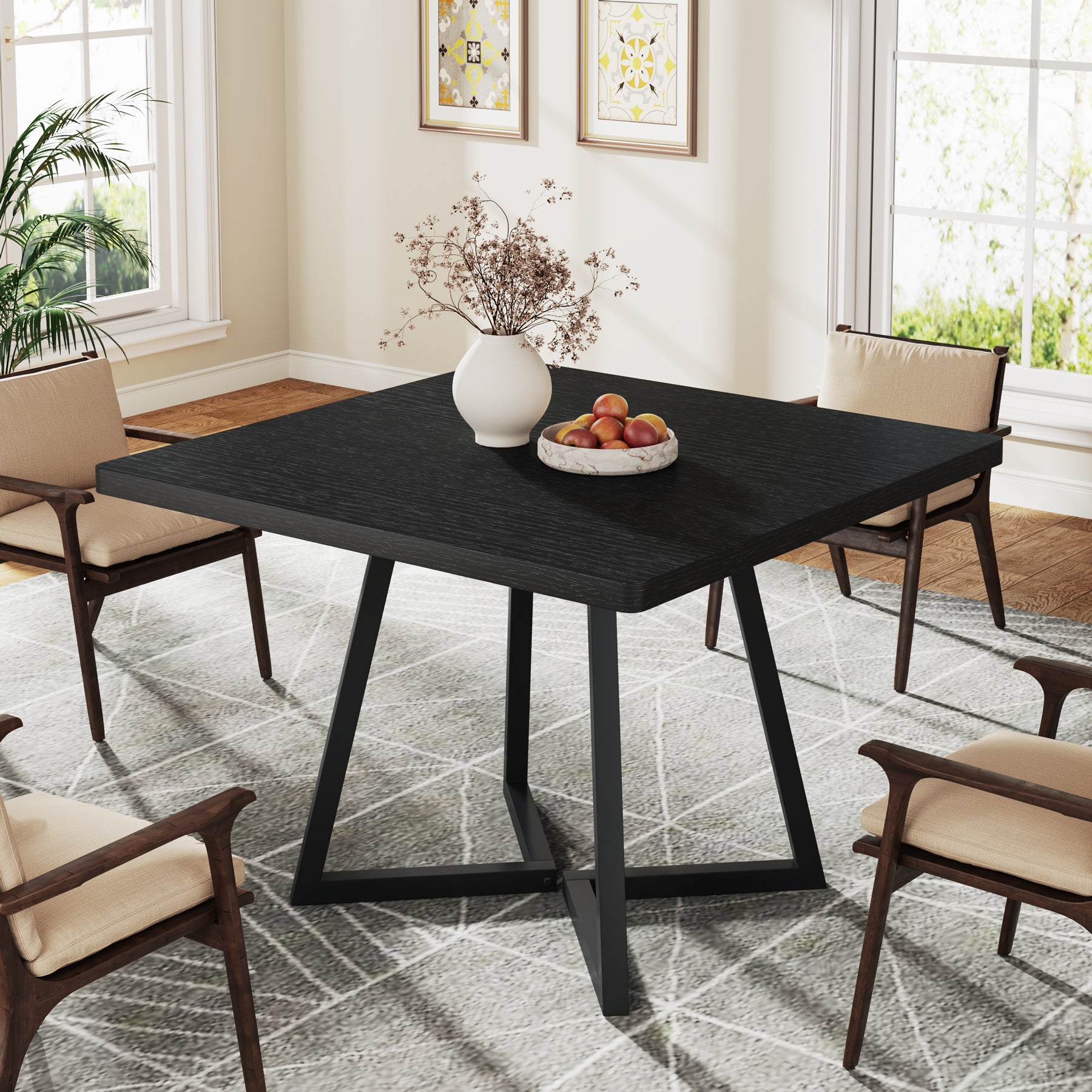31.5" Square Dining Table for 4, Industrial Kitchen Table with Metal Base for Dining Room