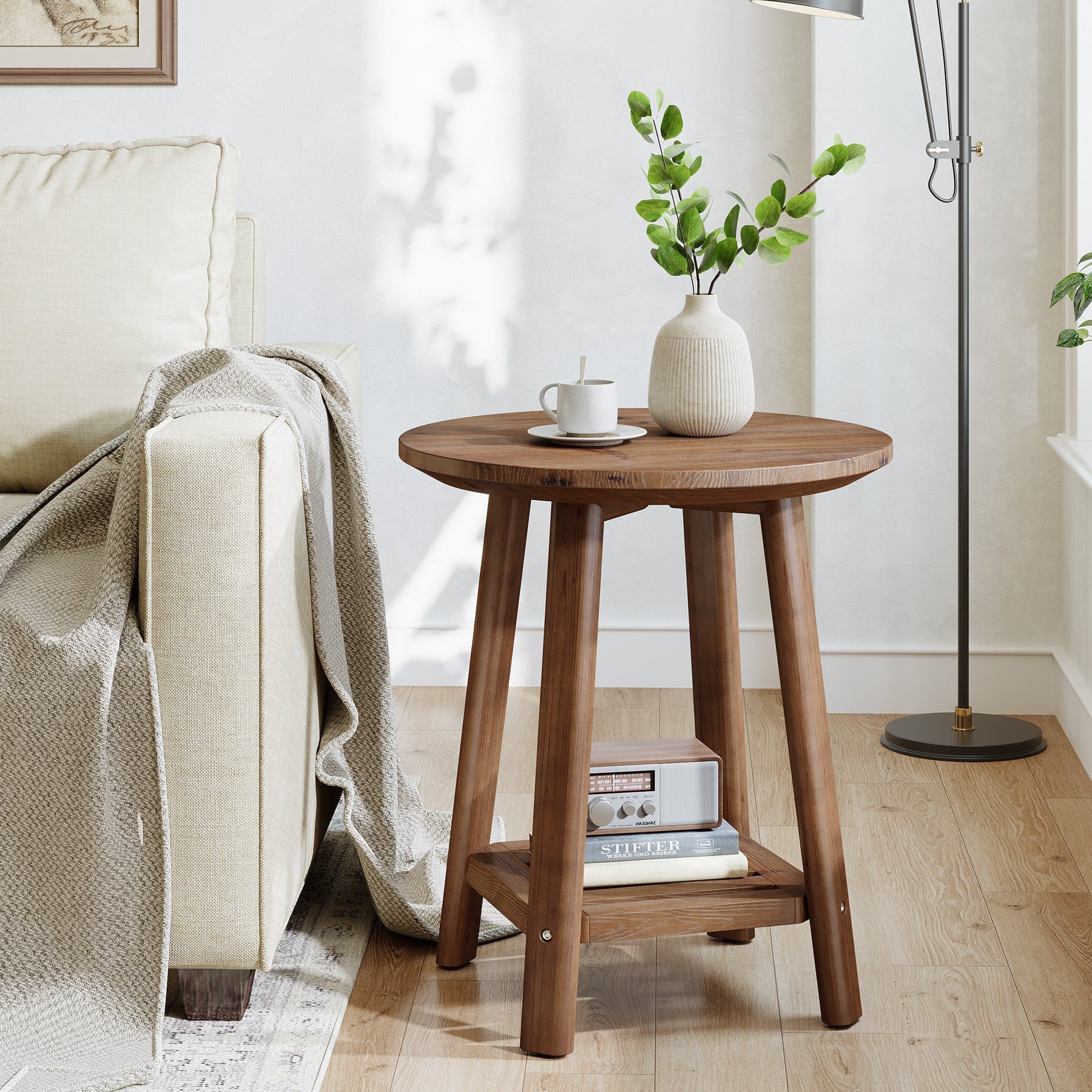 19.69" Round Solid Wood End Table, 2-Tier Farmhouse Side Table with Storage Shelf