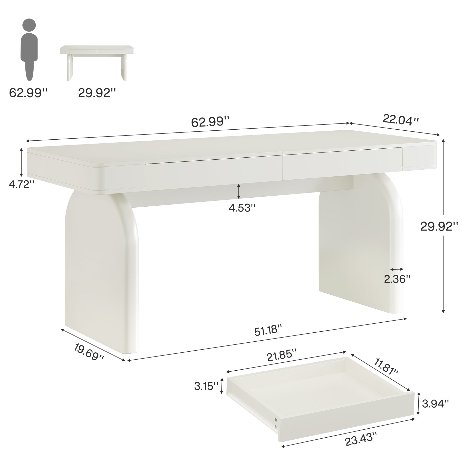 63" Executive Desk, Modern Office Computer Desk with 2 Storage Drawers