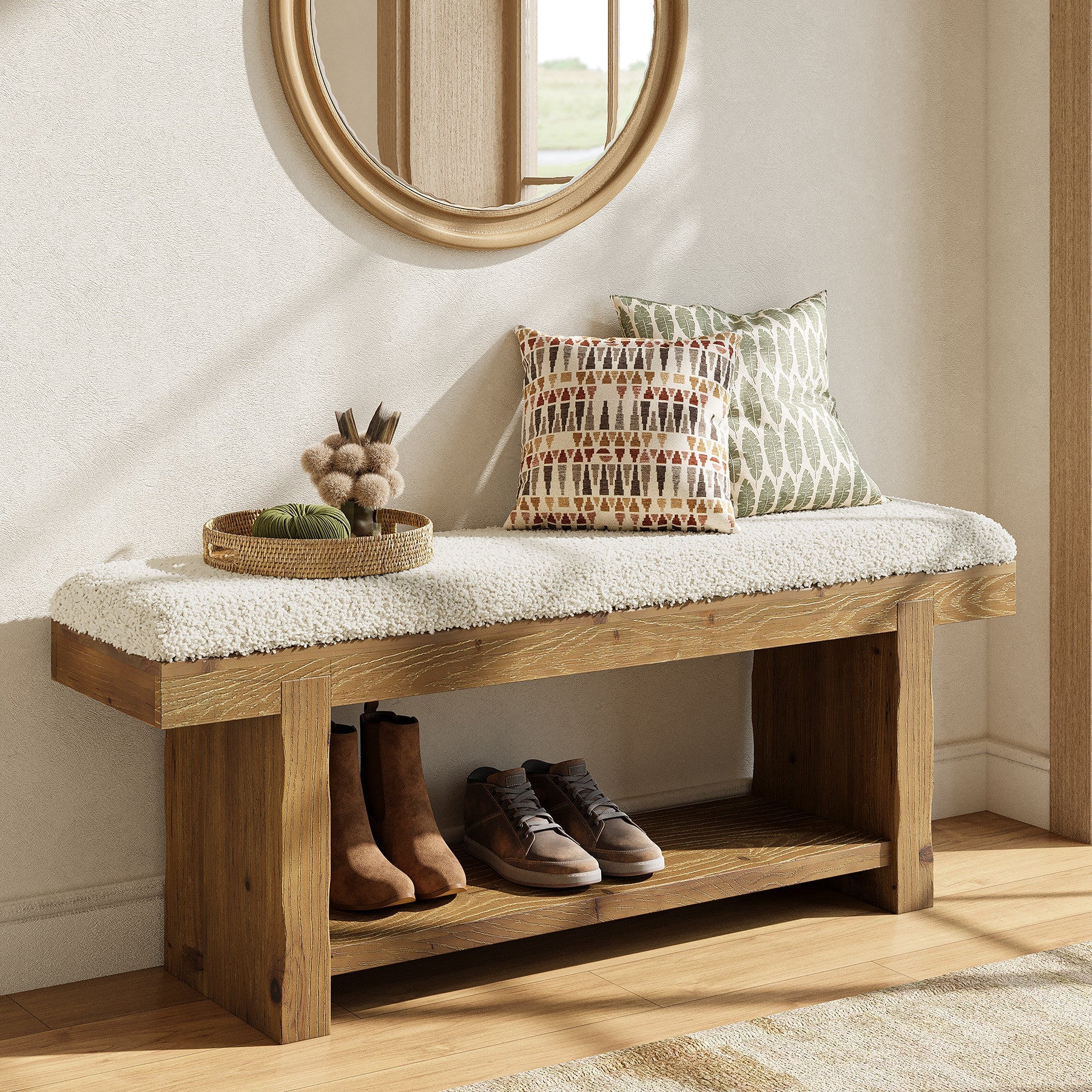 47.2" Solid Wood Entryway Bench, Upholstered Storage for Hallway