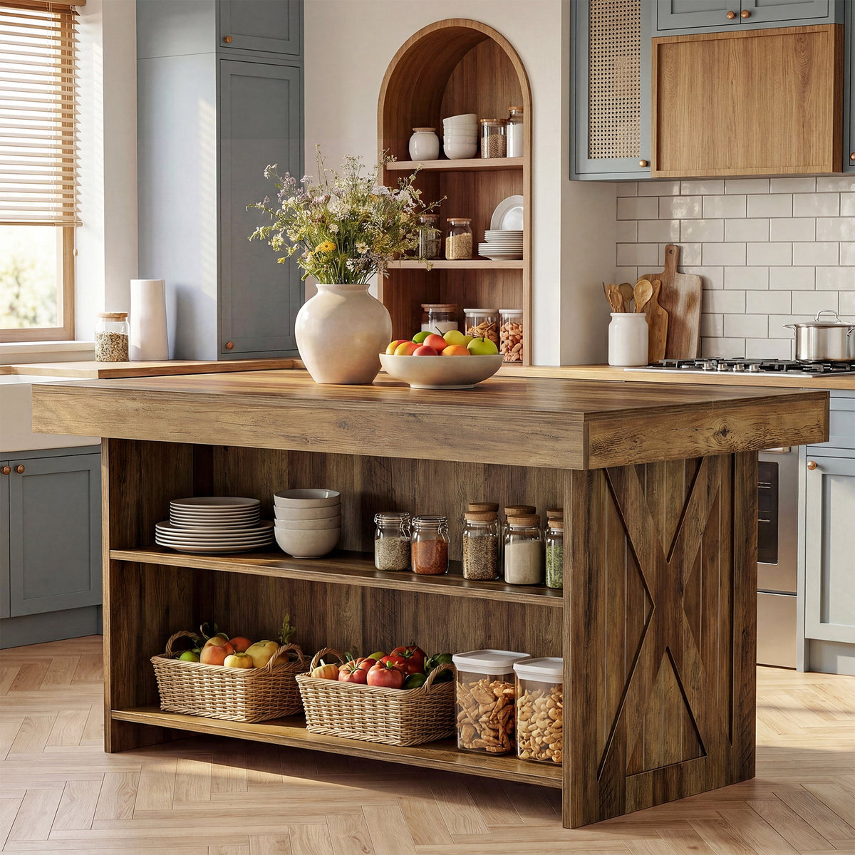 55" Kitchen Island with Storage Shelves, Farmhouse Island Table for Dining Room