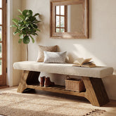 55" Solid Wood Upholstered Bench, 2-Tier Entryway Shoe Storage Bench 3