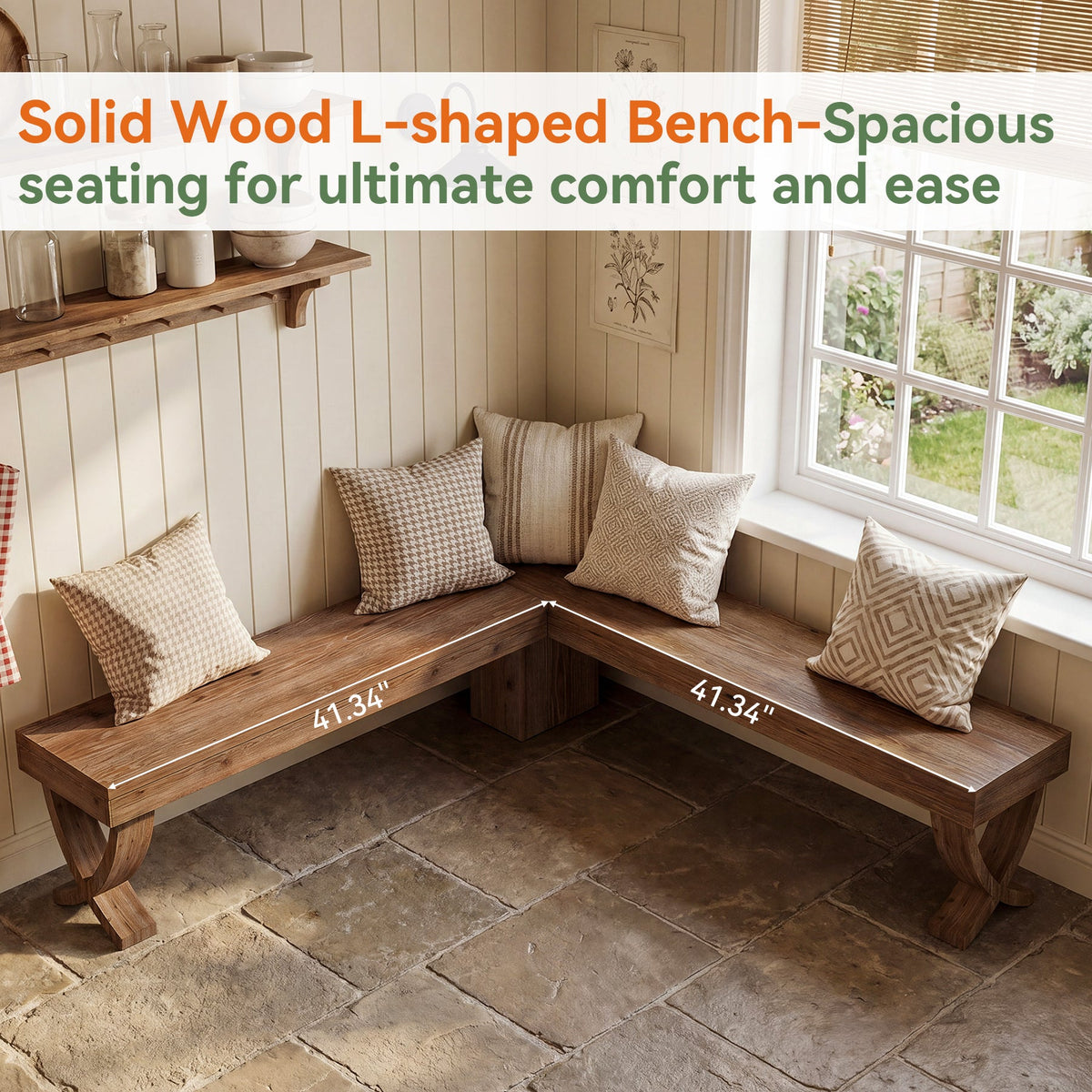 55" L-Shaped Solid Wood Corner Bench, Farmhouse Dining Bench with X-Shaped Leg
