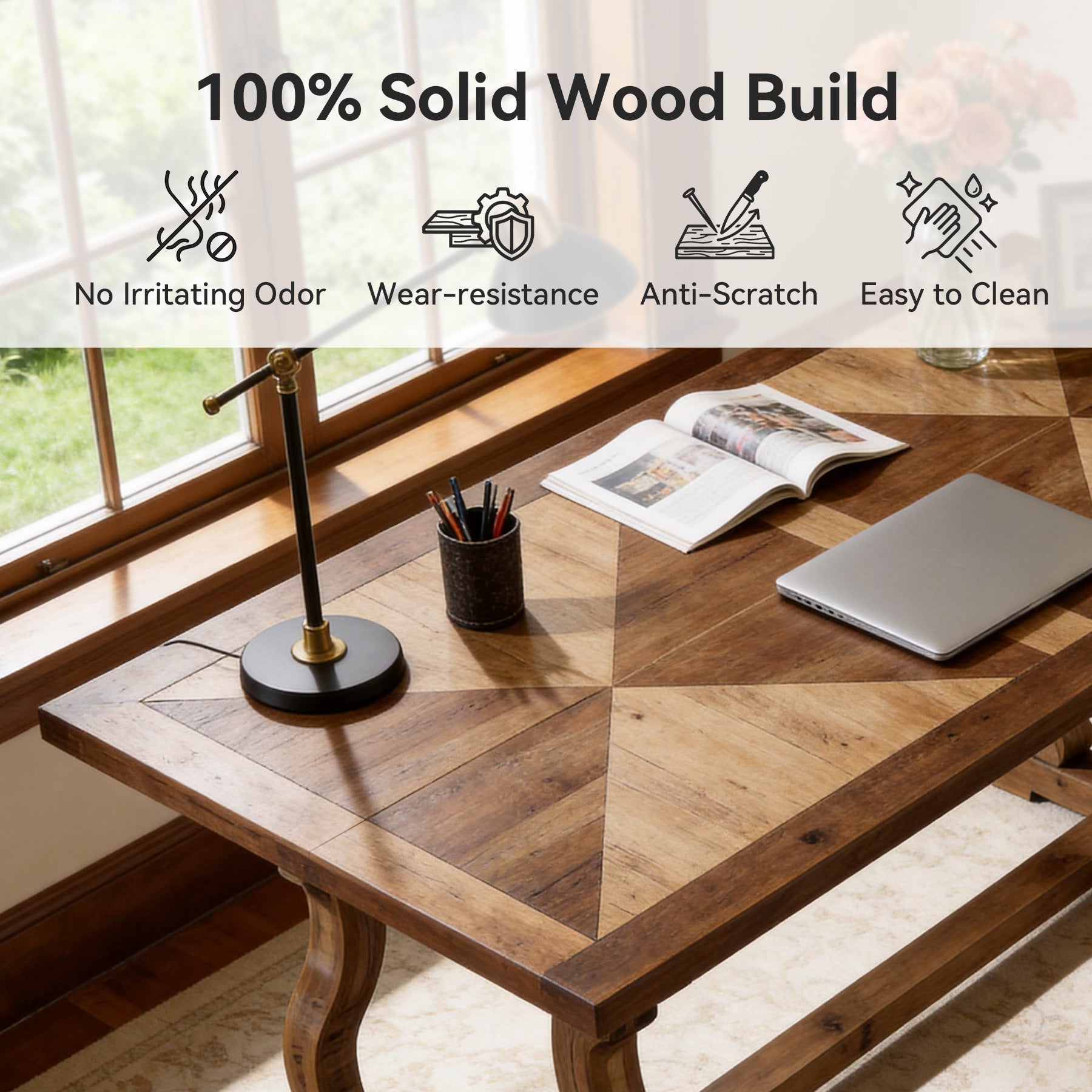 63" Solid Wood Executive Desk, Farmhouse Computer Desk with Parquetry Top & Scroll Legs for Home Office
