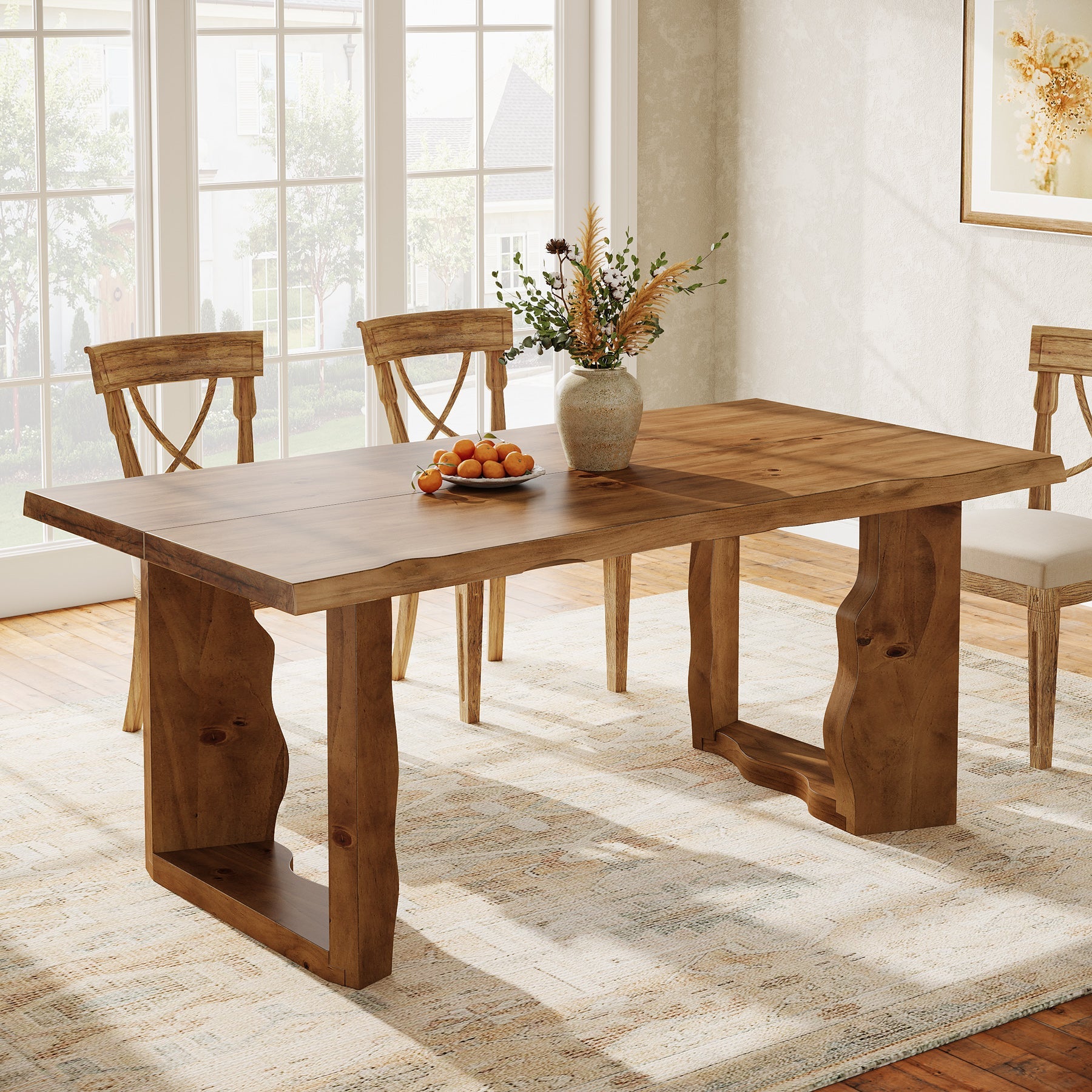 63" Solid Wood Dining Table for 6, Rectangular Kitchen Table with Sculptural Legs