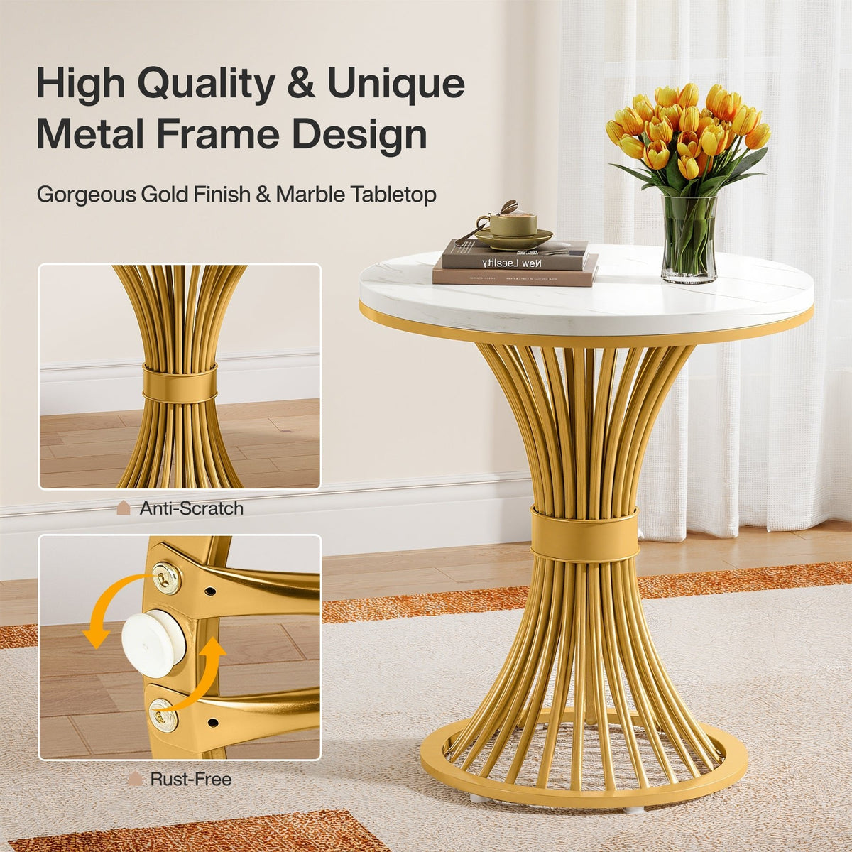 19.69" Round End Table, Faux Marble Side Table with Gold Metal Base