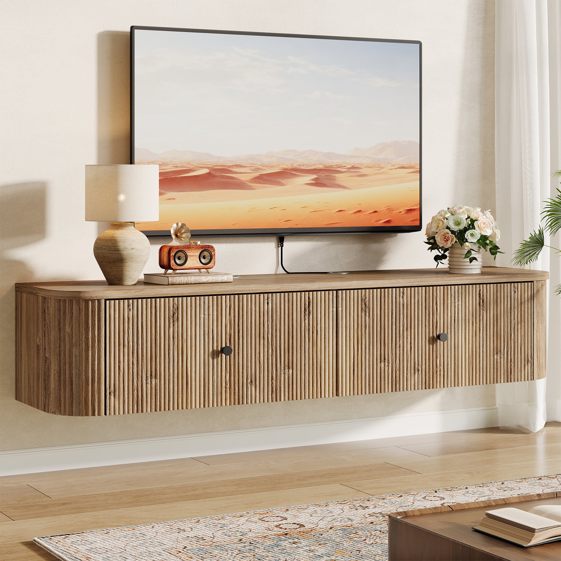 55" Floating TV Stand, Wall Mounted TV Console with 2 Fluted Drawers