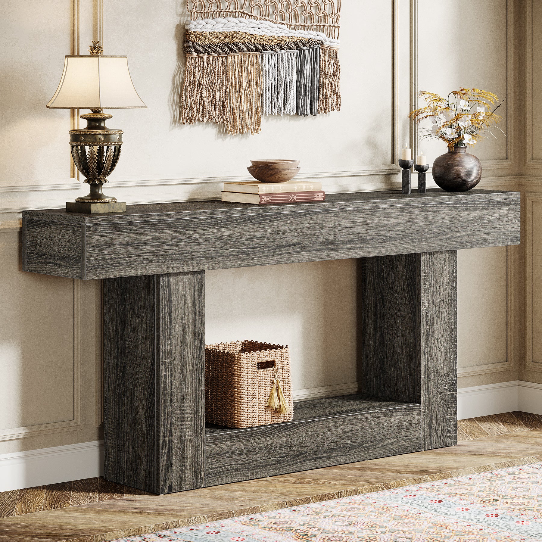63" Wood Console Table, Farmhouse 2-Tier Sofa Table Entryway Table