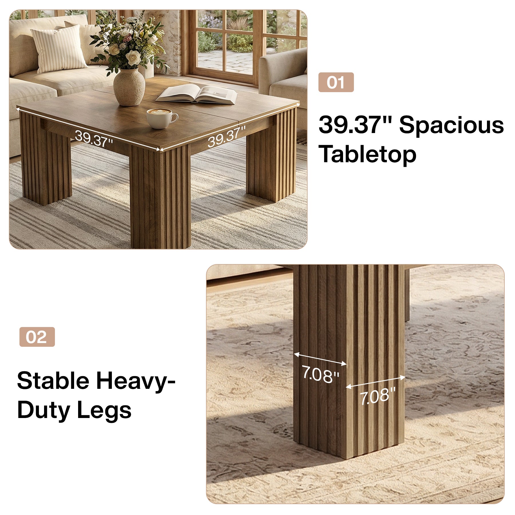 39.4" Square Coffee Table, Farmhouse Center Table with Fluted Legs for Living Room