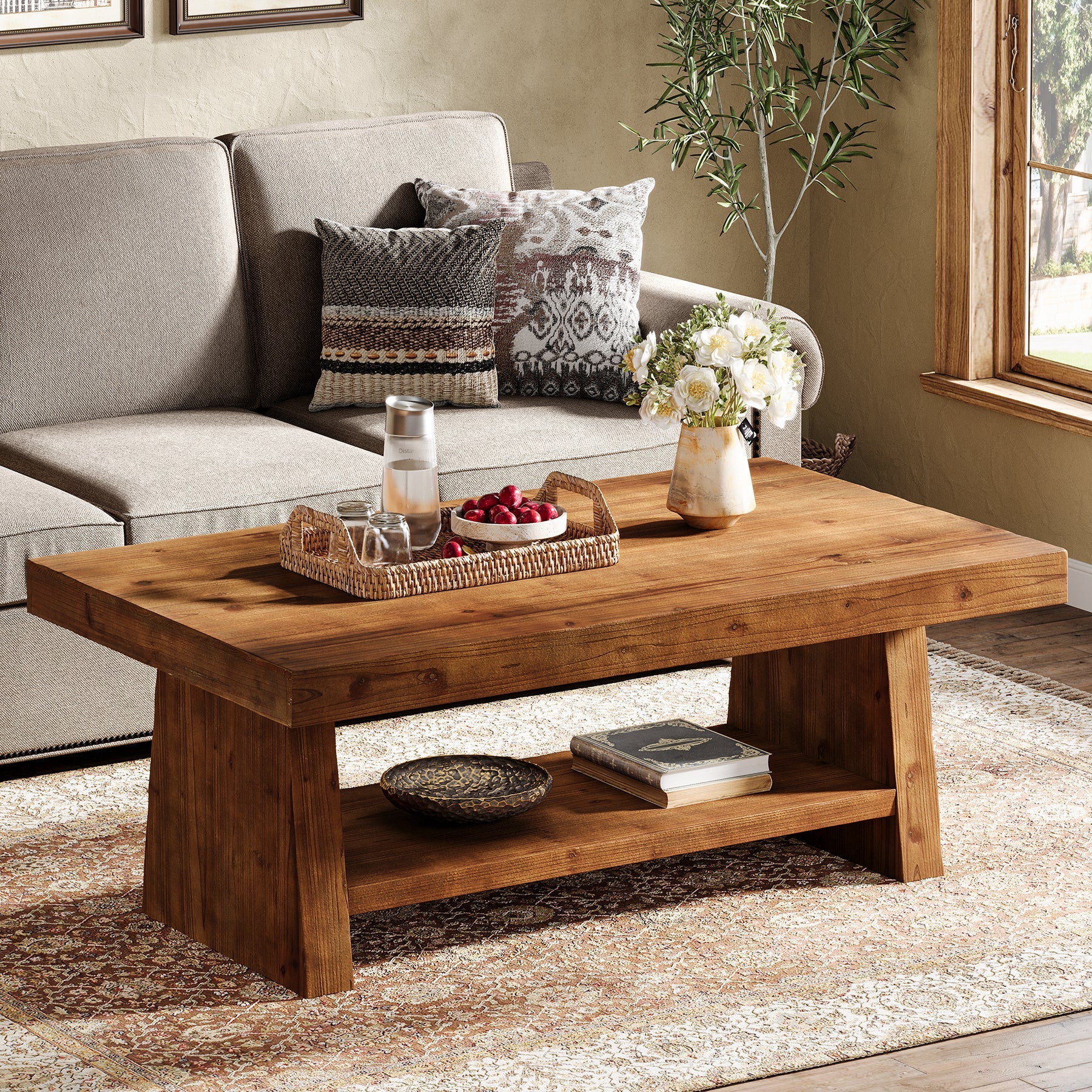 2-Tier Solid Wood Coffee Table, 47" Farmhouse Wood Center Table with Storage