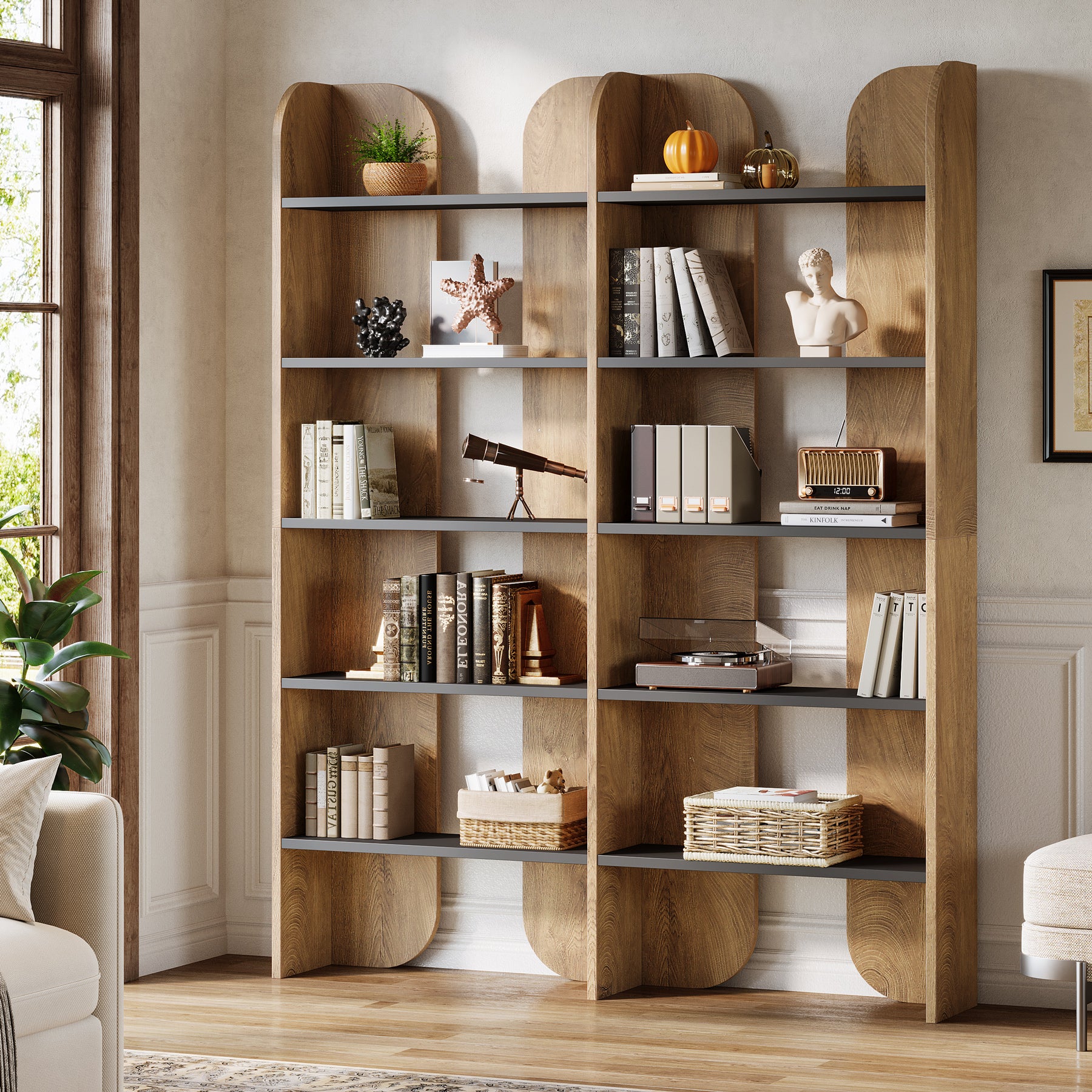 70.87" Bookshelf, 5-Tier Double Wide Bookcase with Open Shelves