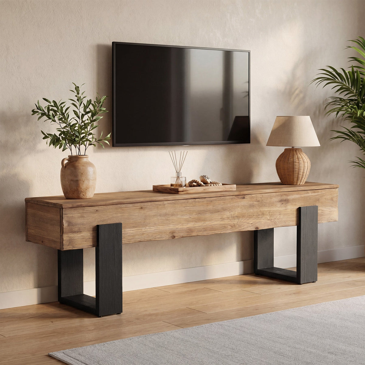 63" Solid Wood TV Stand, Farmhouse Entertainment Center for 55/60/65/75-Inch TVs