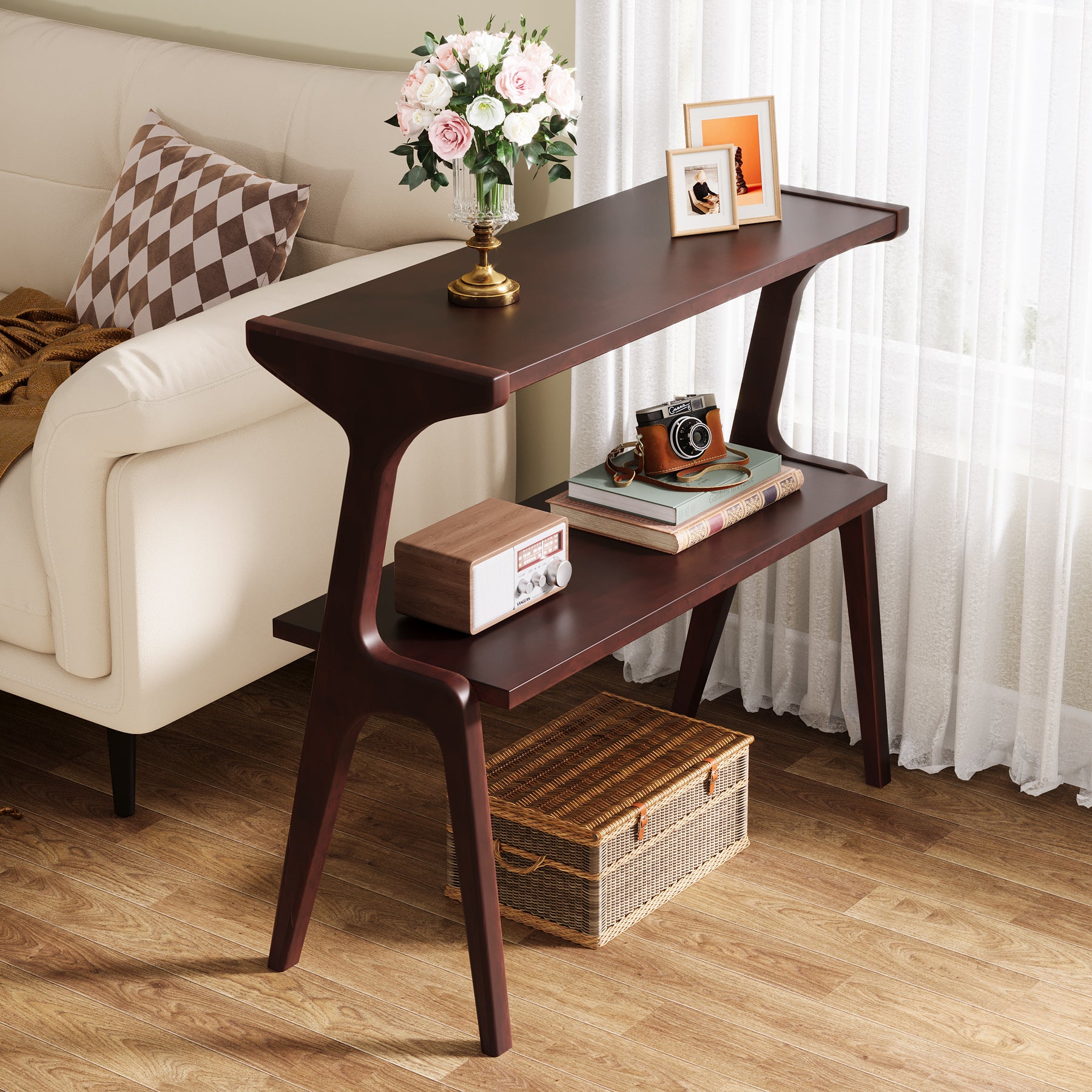 2-Tier End Table, Solid Wood Sofa Side Table with Storage Shelf for Living Room