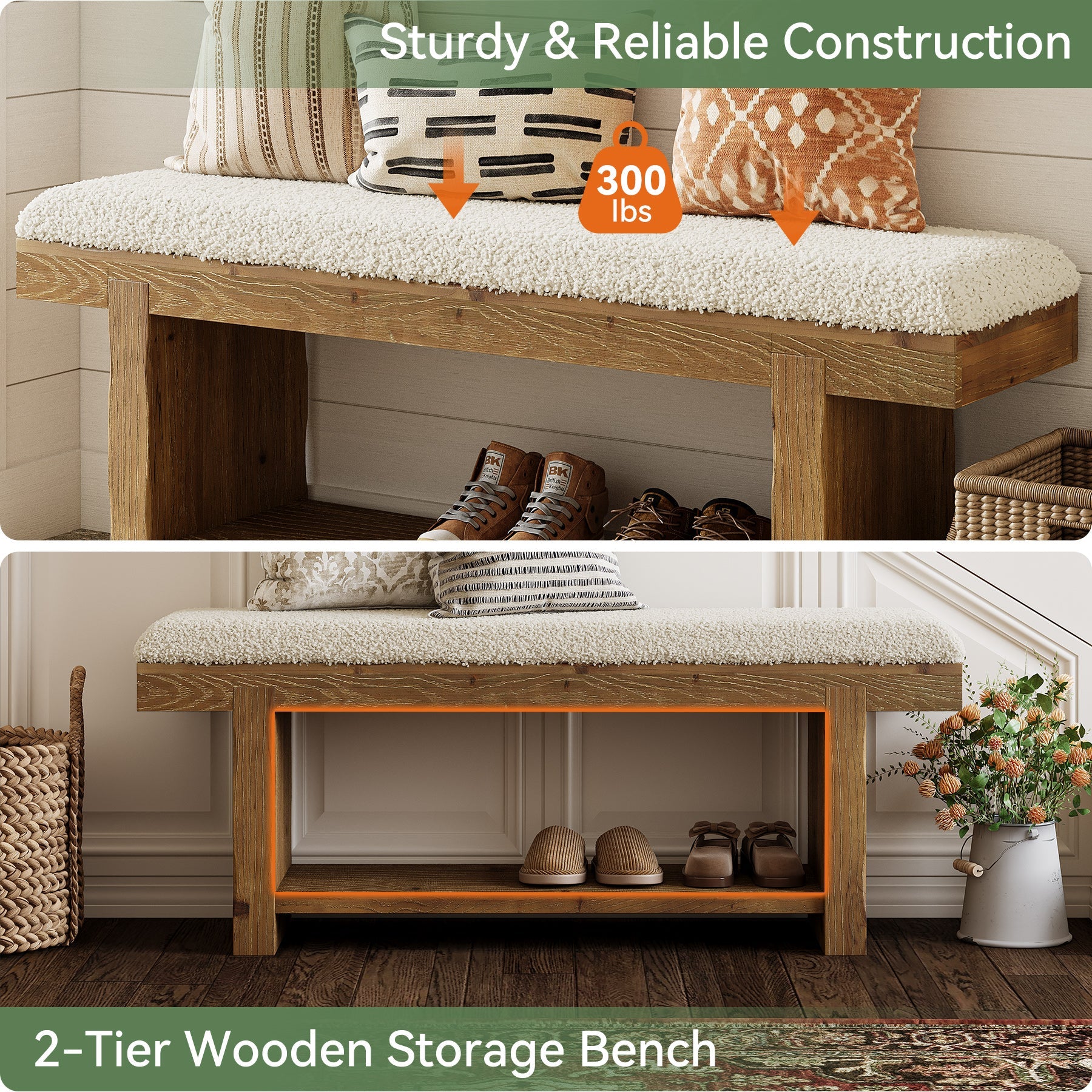 47.2" Solid Wood Entryway Bench, Upholstered Storage for Hallway