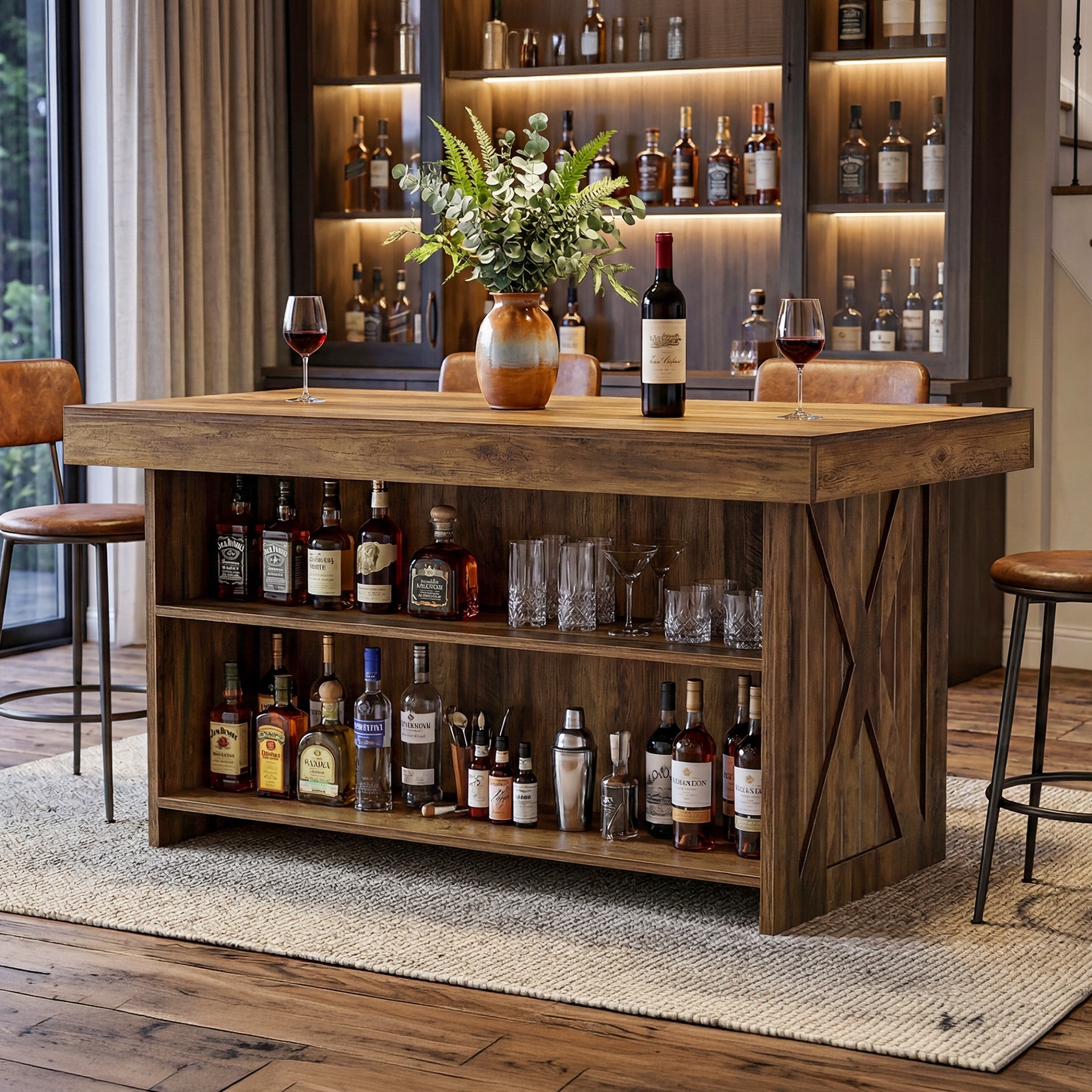 55.12" Bar Table, 3-Tier Home Bar Unit with Storage Shelves for Kitchen