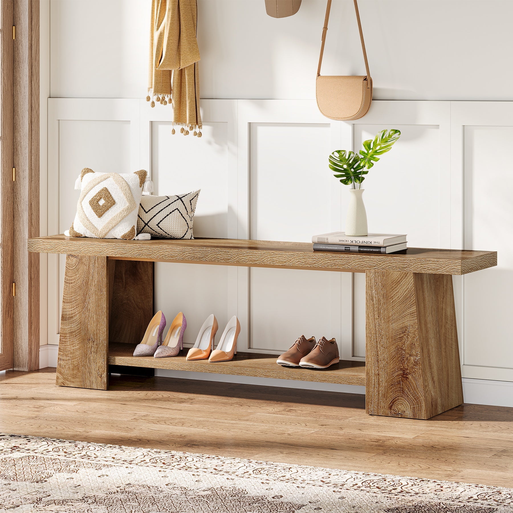 2-Tier Entryway Bench, 59" Shoe Bench End of Bed Bench with Storage Shelves