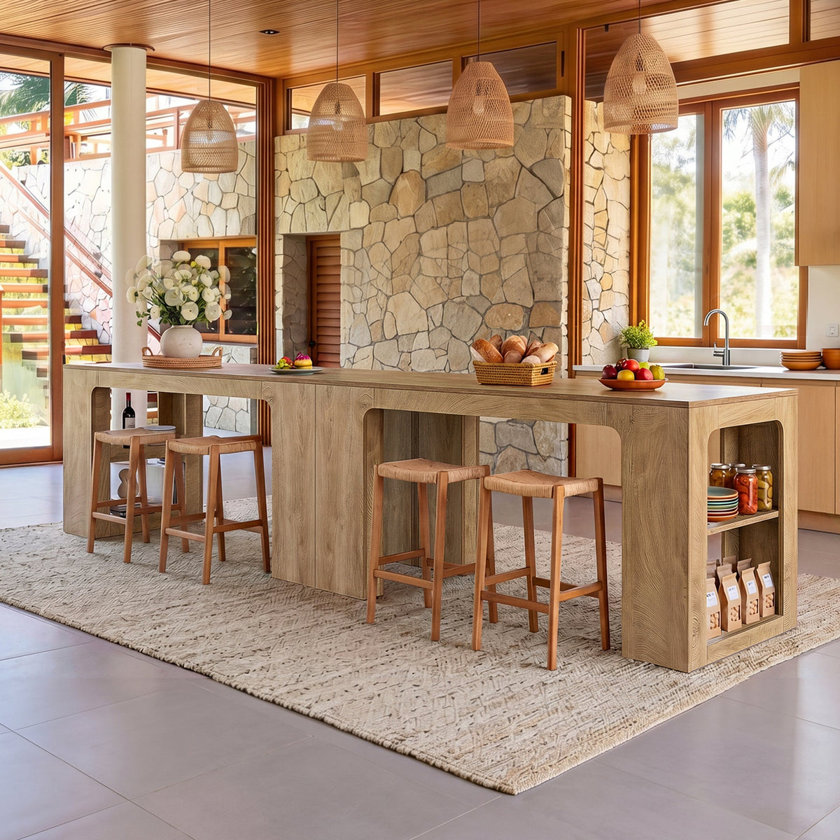 63" Long Kitchen Island, Counter Height Stationary Island Stand with Spacious Legroom