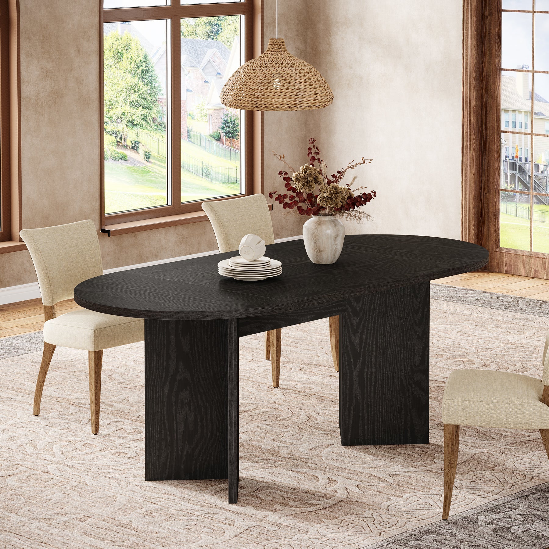 63" Dining Table, Oval Farmhouse Kitchen Table with Strip Base