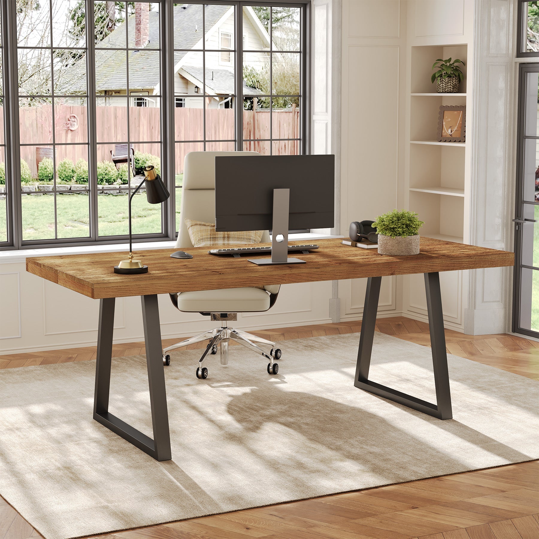 63" Solid Wood Executive Desk, Industrial Computer Laptop Desk Study Writing Table