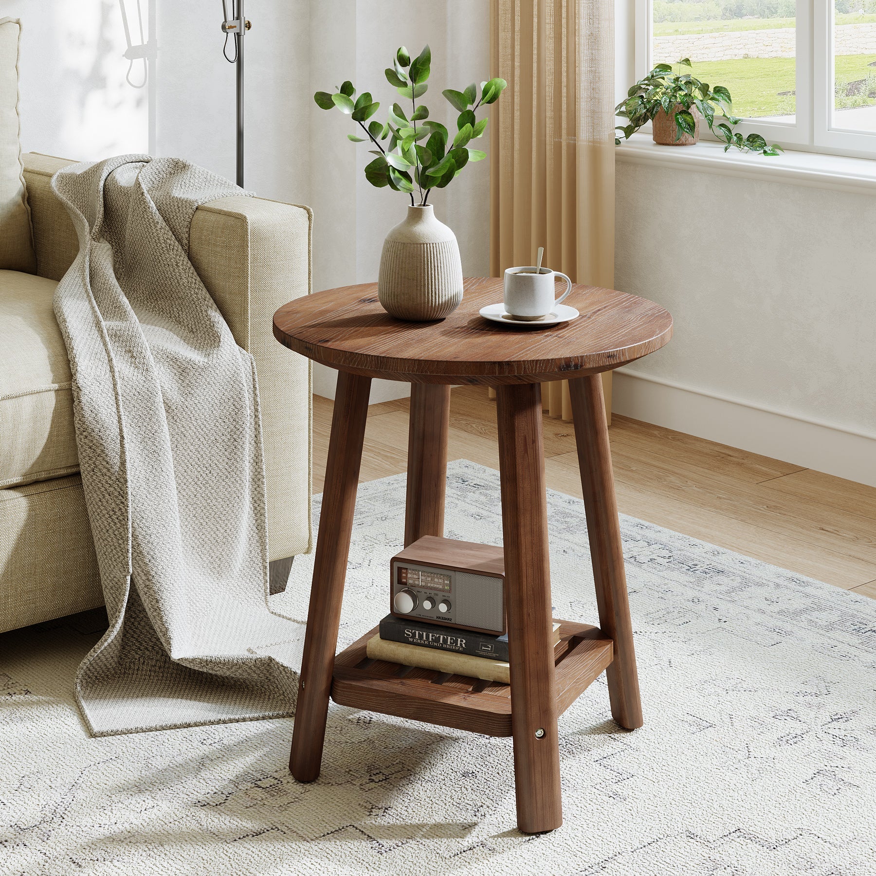 19.69" Round Solid Wood End Table, 2-Tier Farmhouse Side Table with Storage Shelf