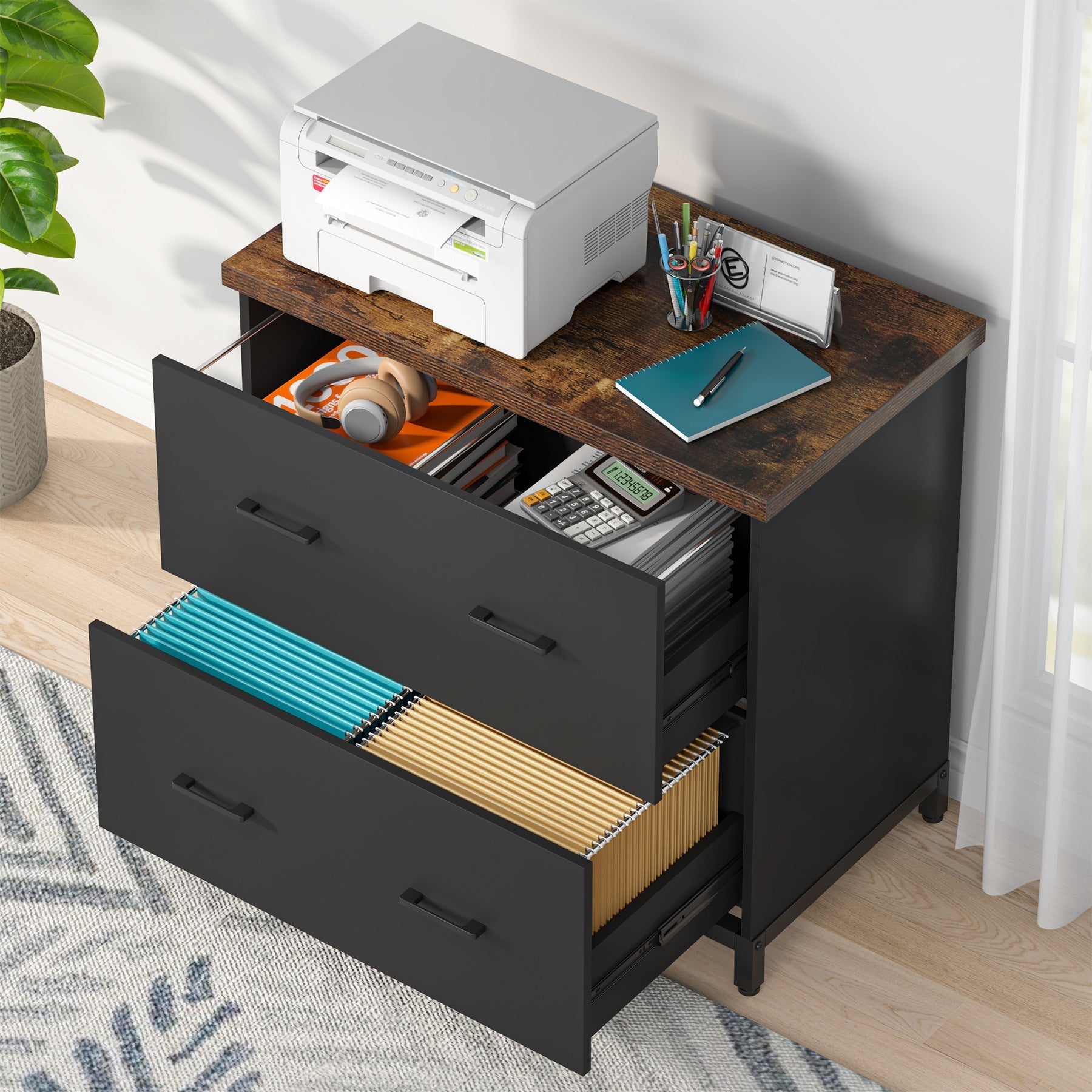 Spacious wooden top and large drawers of Tribesigns's printer stand, top view.