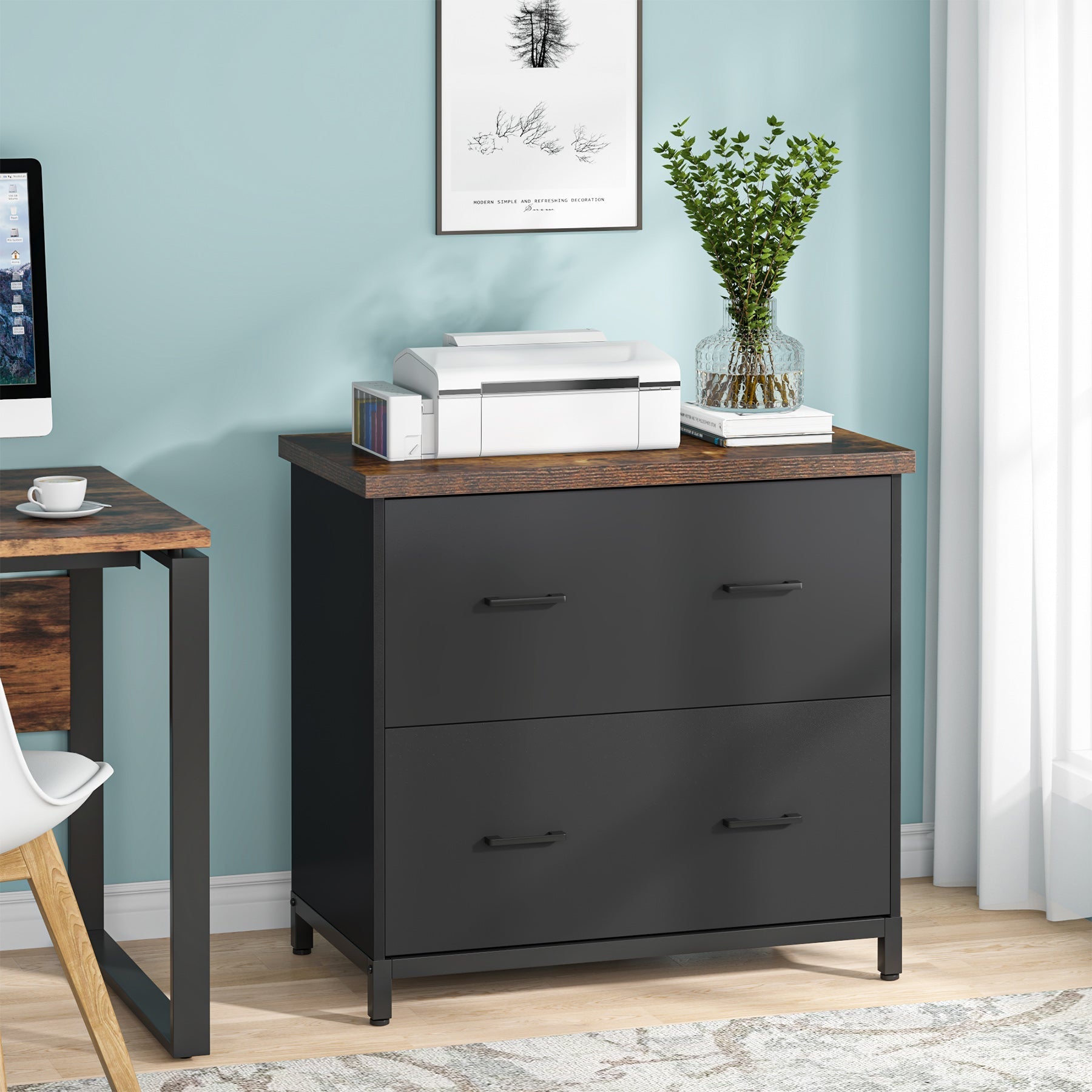 Tribesigns's Modern printer stand with metal frame and wooden shelves, front view.