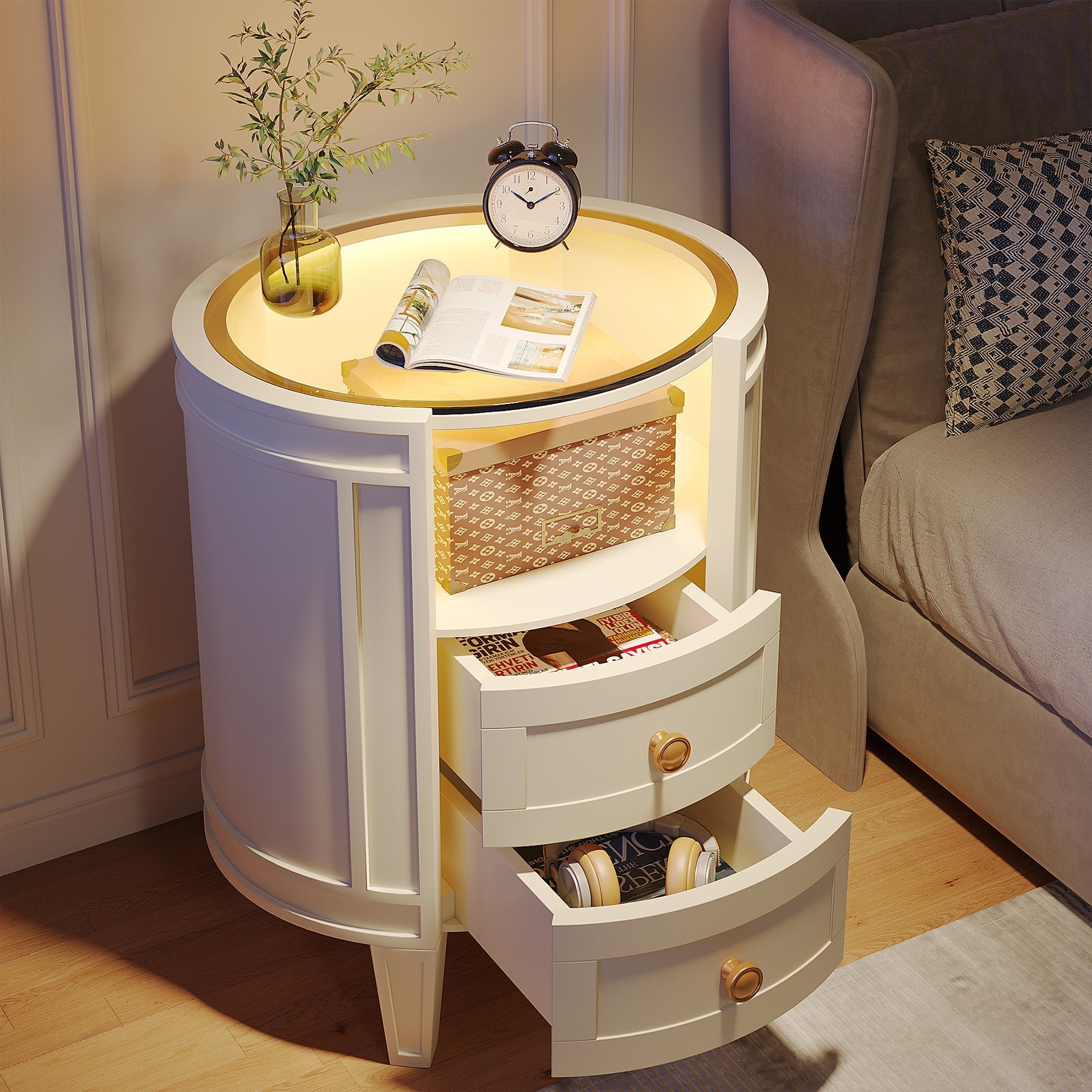 2-Drawer Nightstand with LED Light, Modern Side Table with Glass Tabletop Tribesigns
