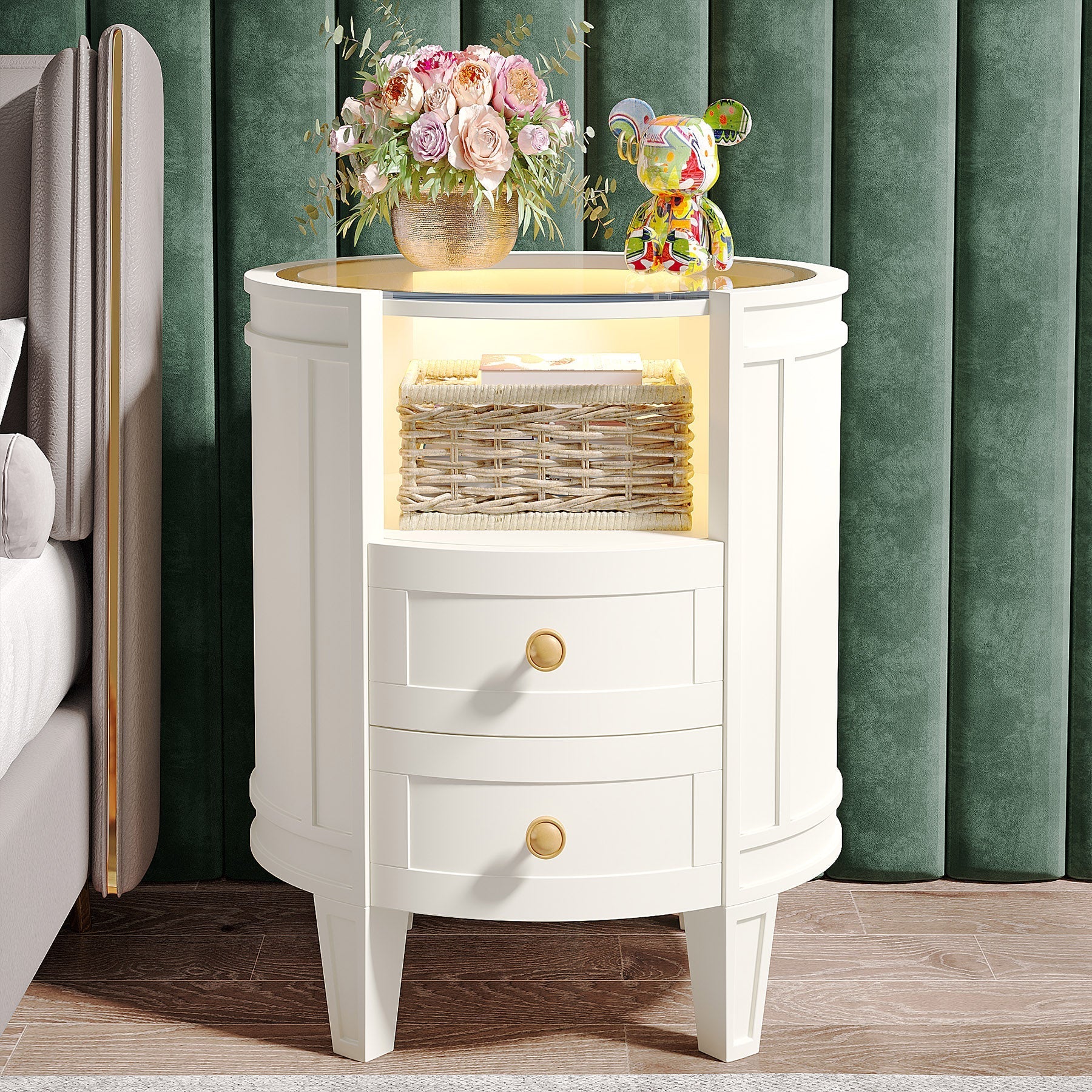 2-Drawer Nightstand with LED Light, Modern Side Table with Glass Tabletop Tribesigns