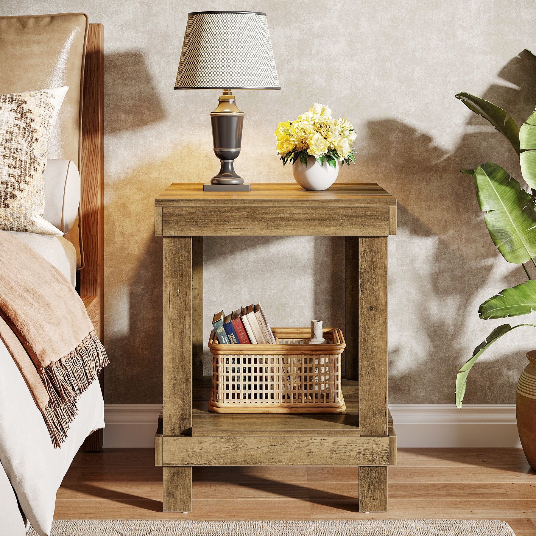 2 - Tier End Table, Square Side Table Nightstand with 2 Storage Shelves Tribesigns