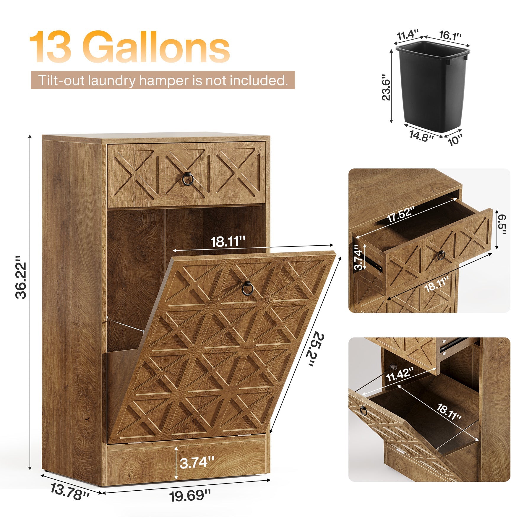 13 Gallon Tilt-Out Laundry Hamper, Wooden Hidden Cabinet with Drawer