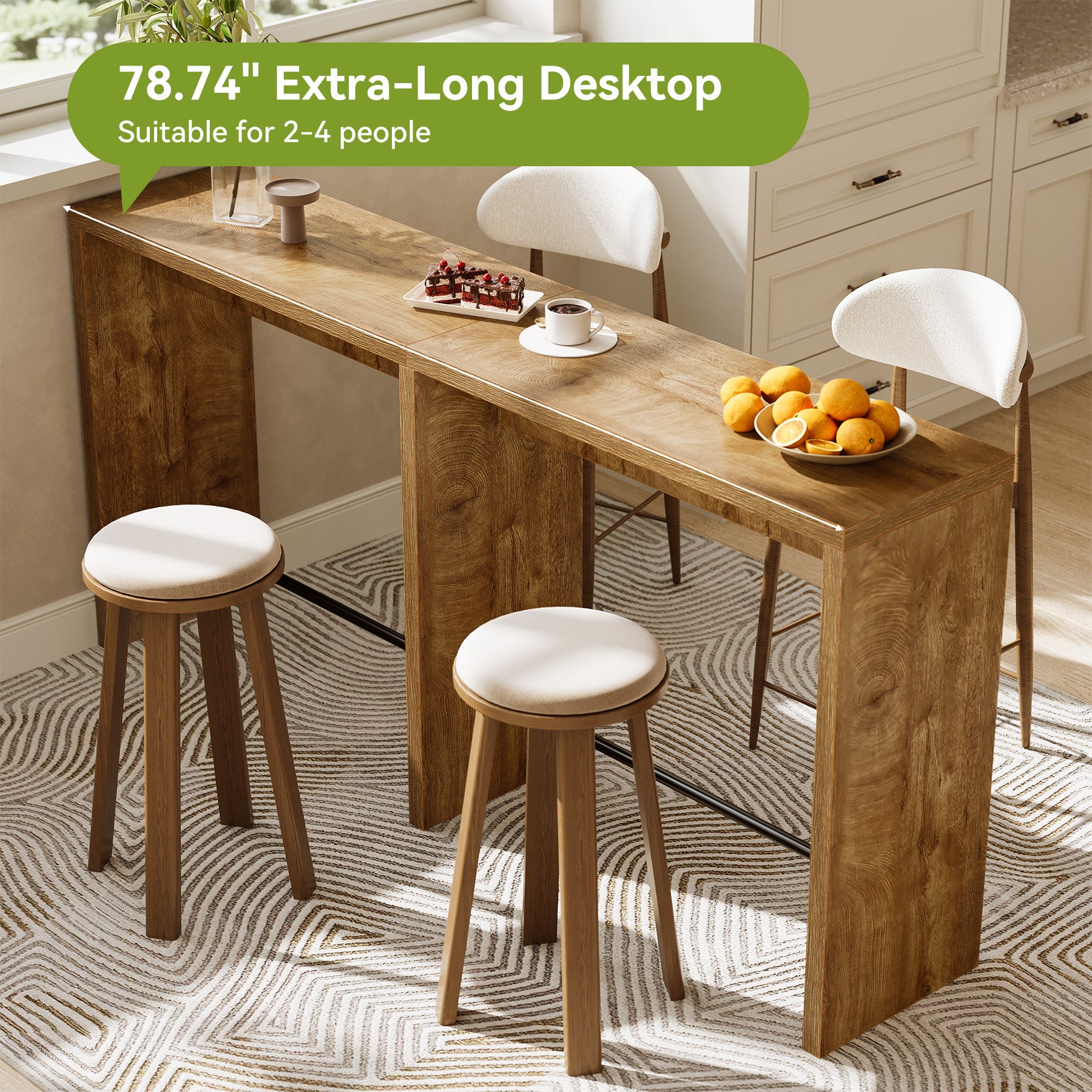 78.74" Narrow Bar Table, High-Top Pub Table with Sturdy Iron Footrest for Kitchen