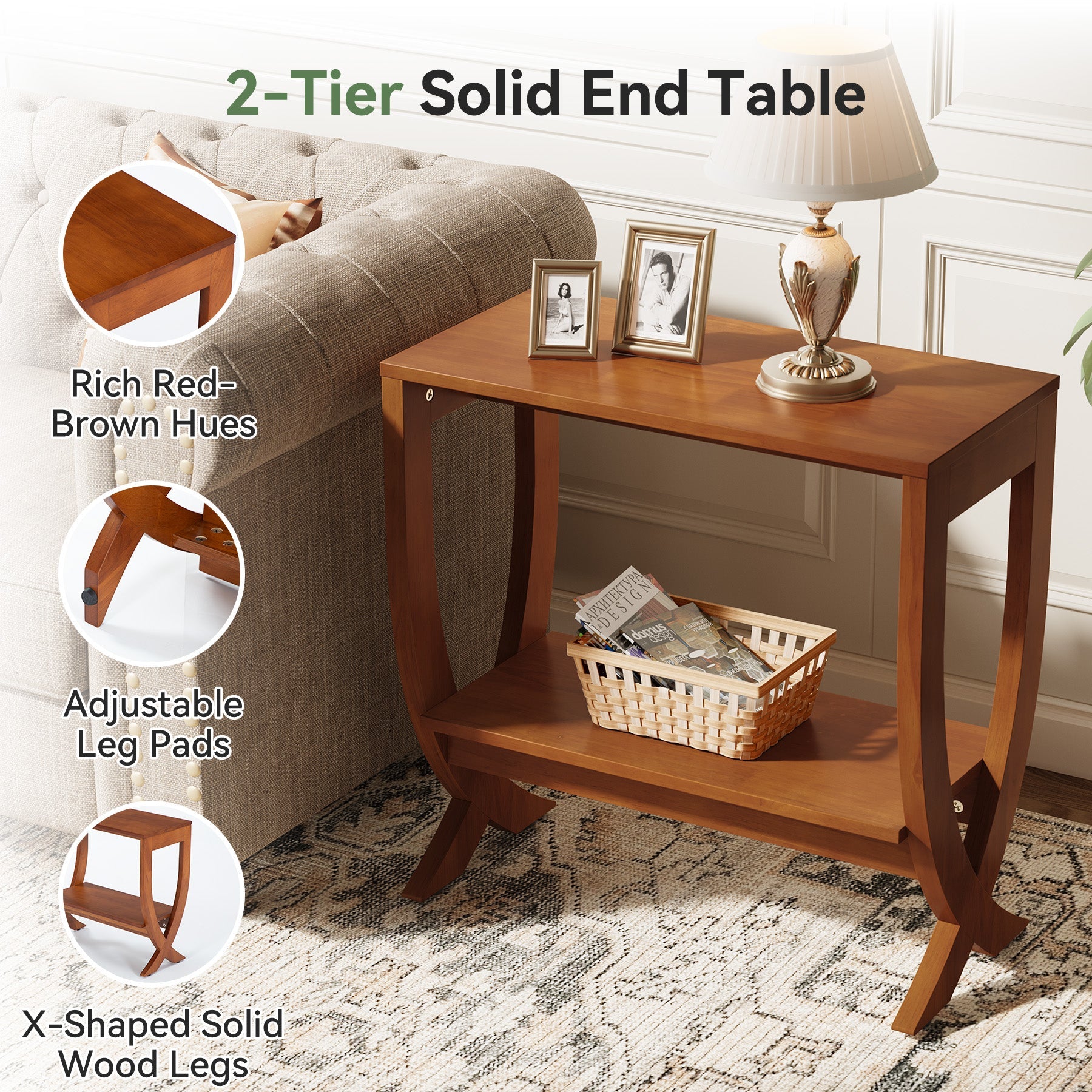 Solid Wood End Table, 2-Tier Couch Side Table with Arched Legs