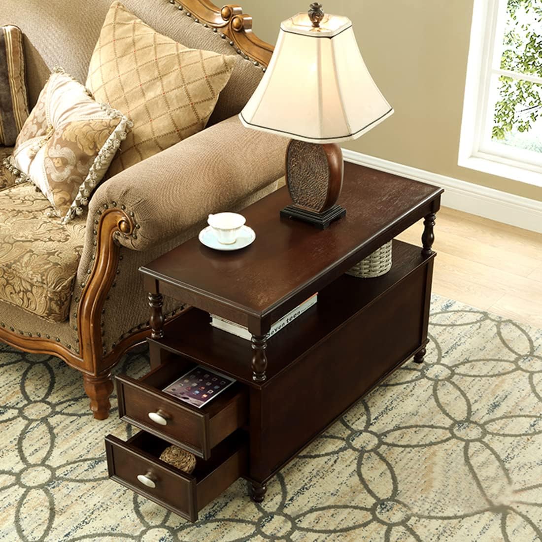 23.6" End Table, Solid Wood Accent Nightstand Bedside Table with Double Drawer Tribesigns