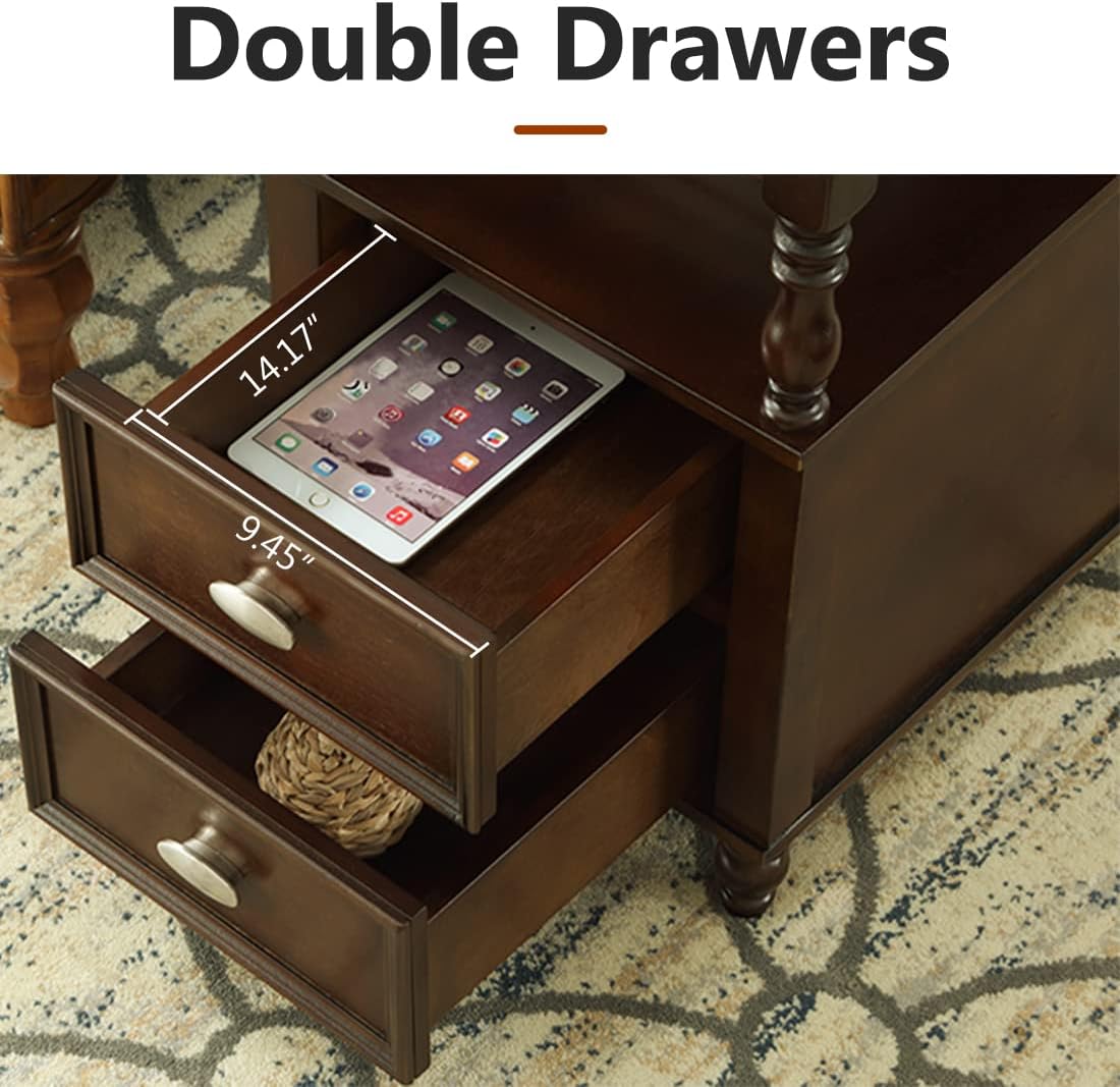 23.6" End Table, Solid Wood Accent Nightstand Bedside Table with Double Drawer Tribesigns