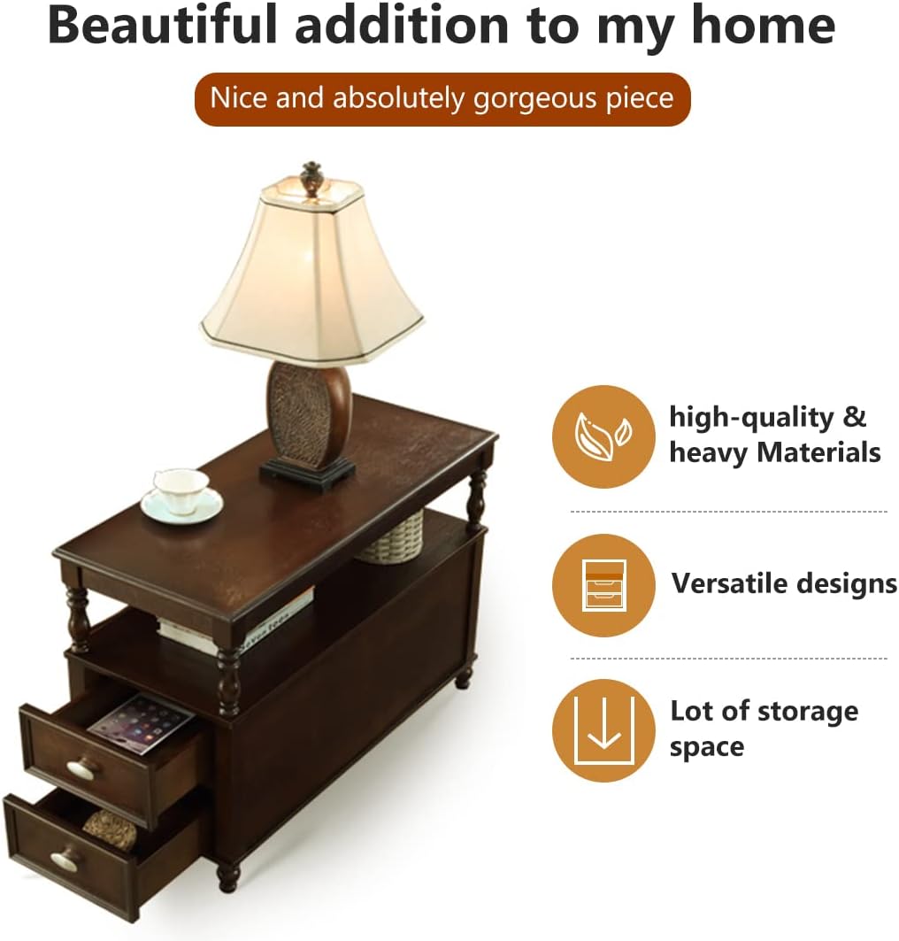 23.6" End Table, Solid Wood Accent Nightstand Bedside Table with Double Drawer Tribesigns