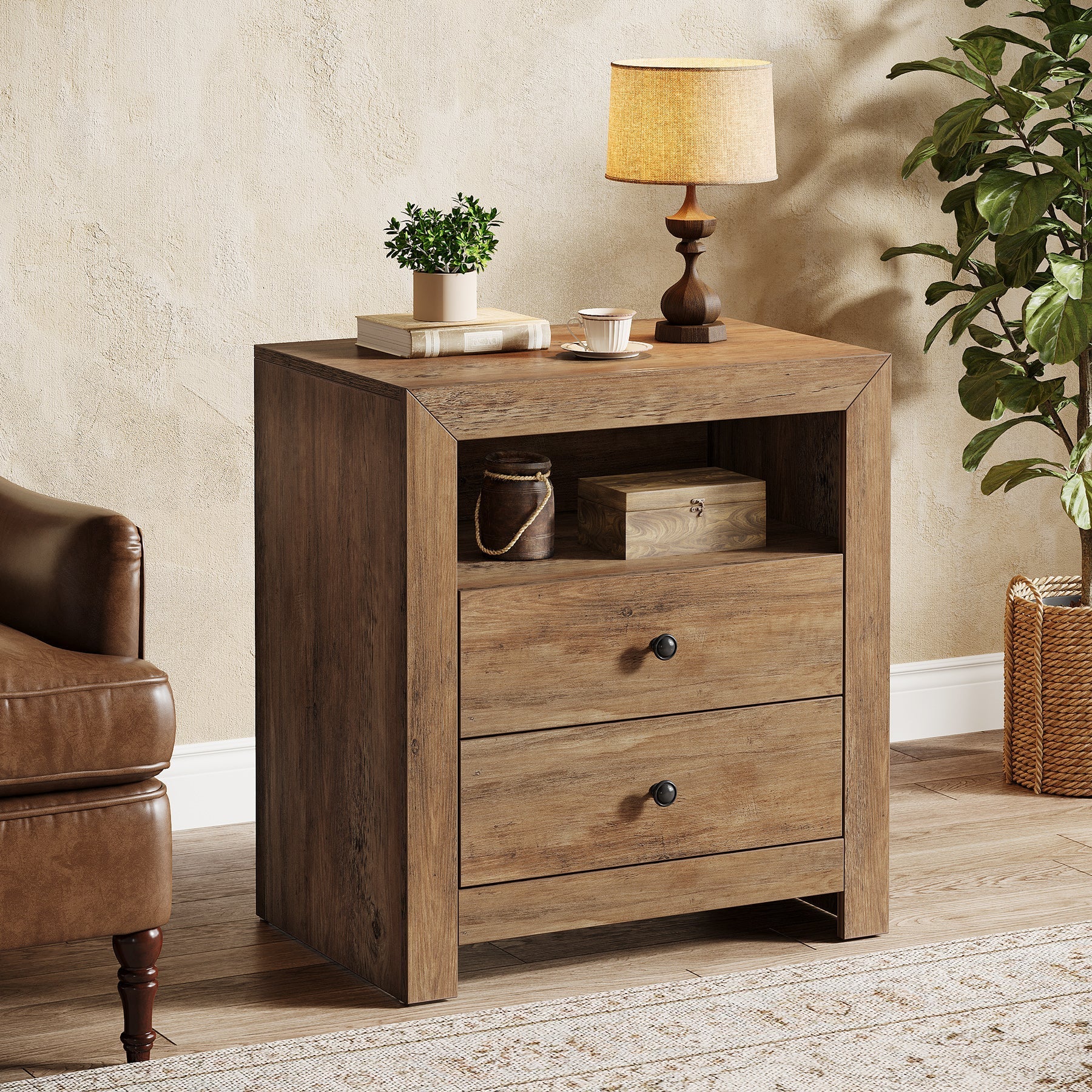 23.6" Nightstand, Rustic Bedside Table with 2 Storage Drawers Tribesigns