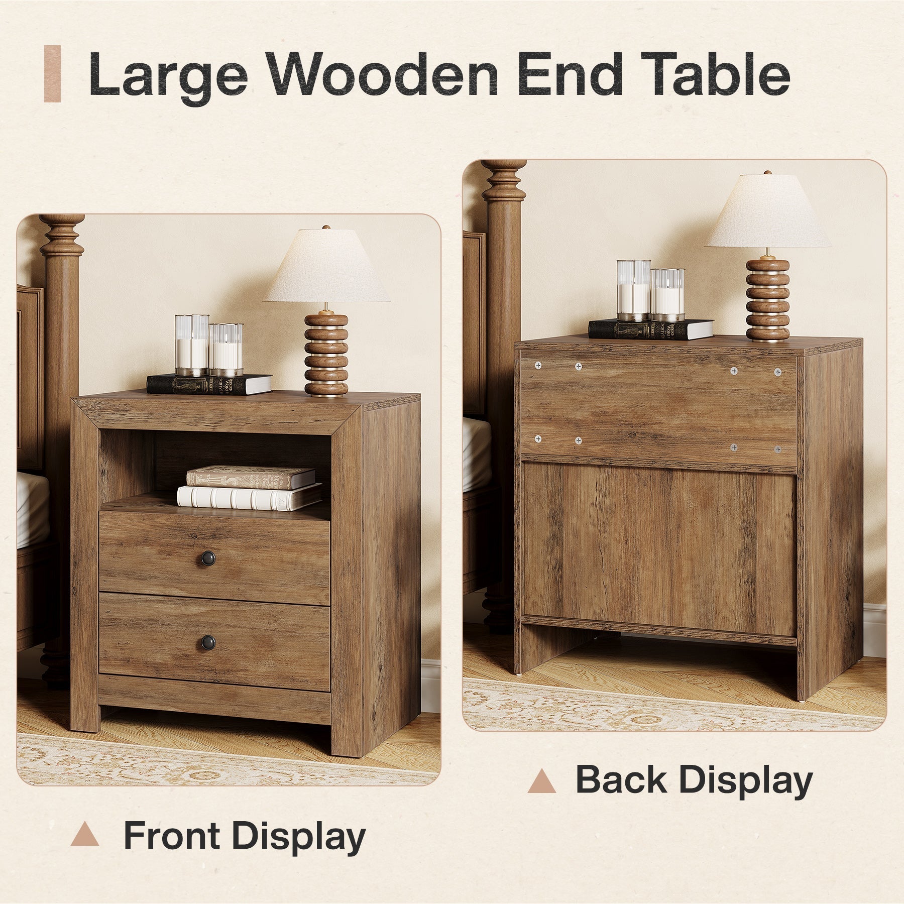 23.6" Nightstand, Rustic Bedside Table with 2 Storage Drawers Tribesigns