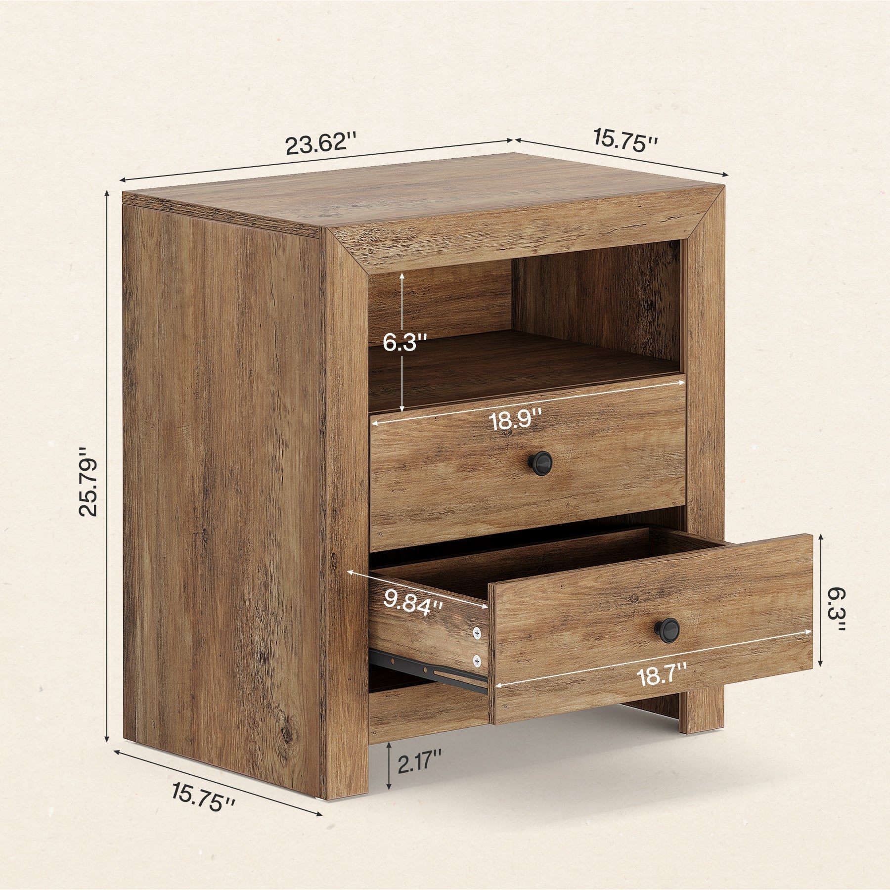 23.6" Nightstand, Rustic Bedside Table with 2 Storage Drawers Tribesigns