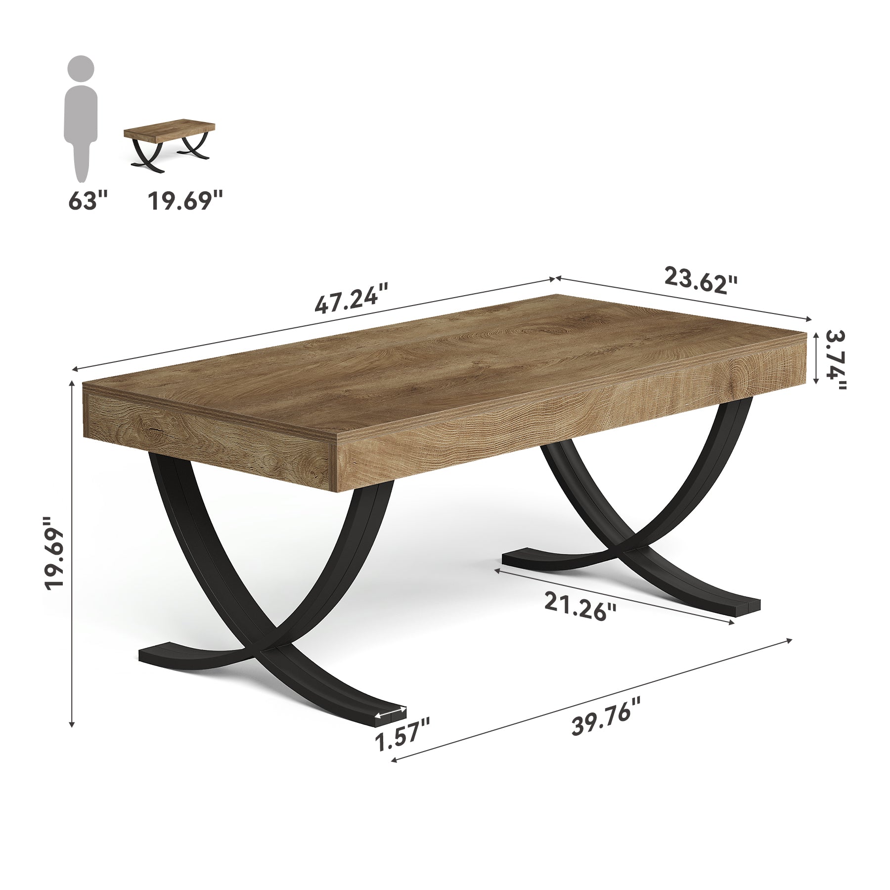 47.2" Coffee Table, Rectangle Center Table with Curved Cross Legs for Living Room